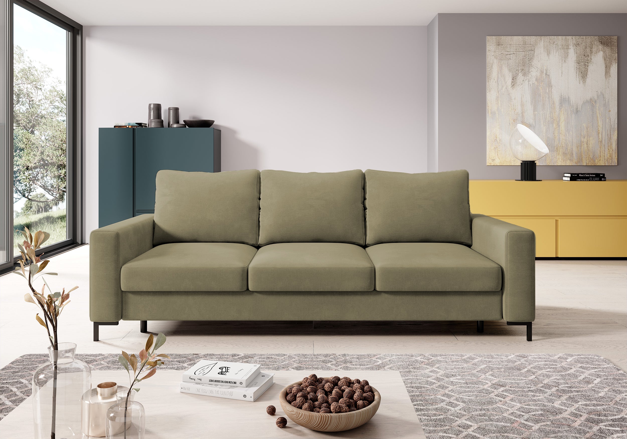 Dreisitziges ausklappbares Sofa Mokpeo mit Stauraum, dunkelbeige Samtvelours