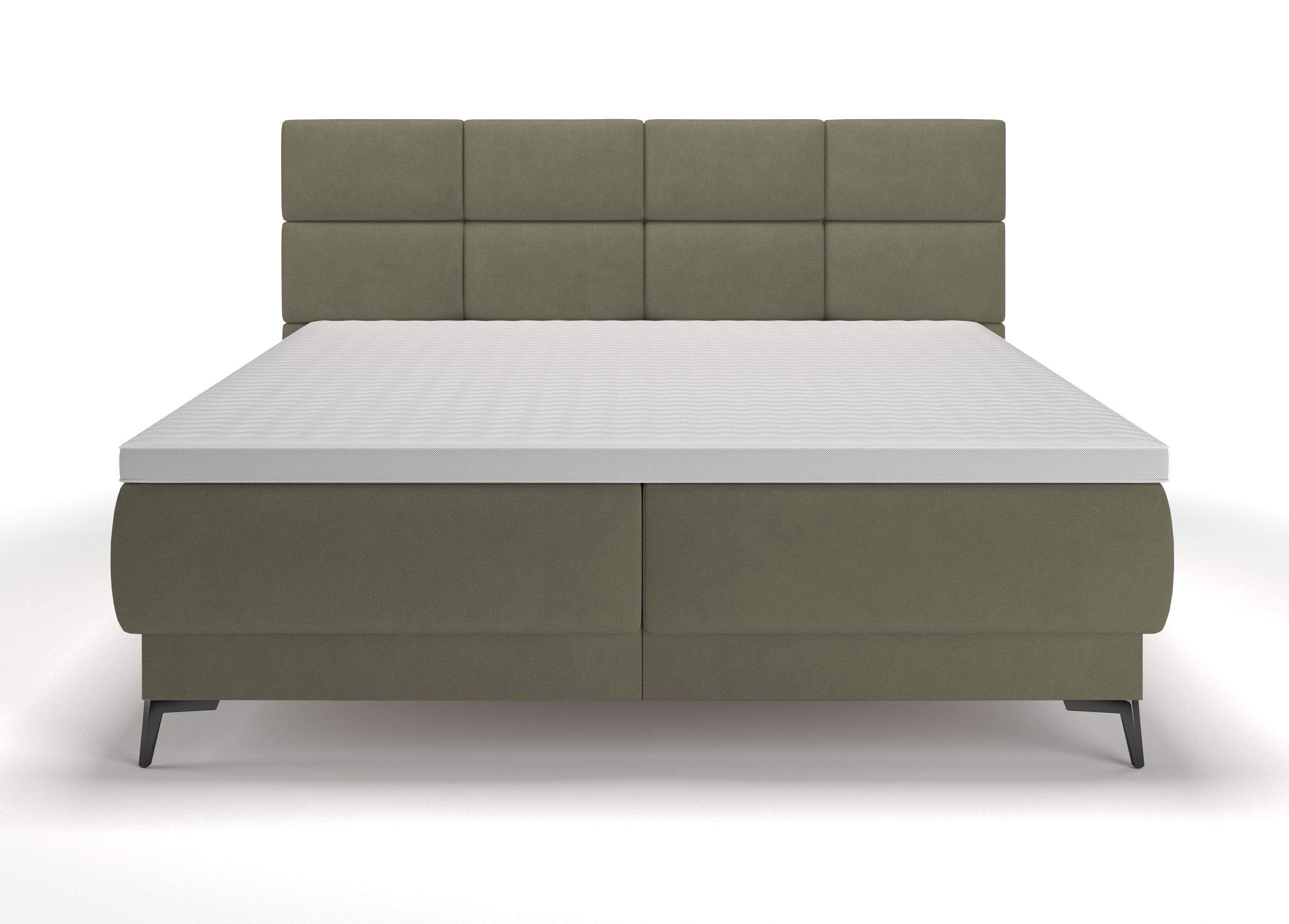 Kontinentales Bett 140x200 cm Rektango mit Stauraum und Topper, olivgrüner Samt