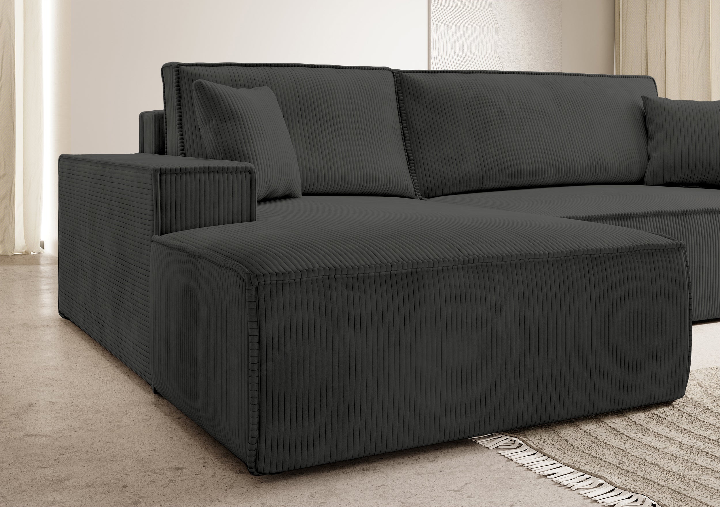 Ecksofa mit Schlaffunktion Farese New L-förmig mit Stauraum, dunkelgrauer Cord, linksseitig