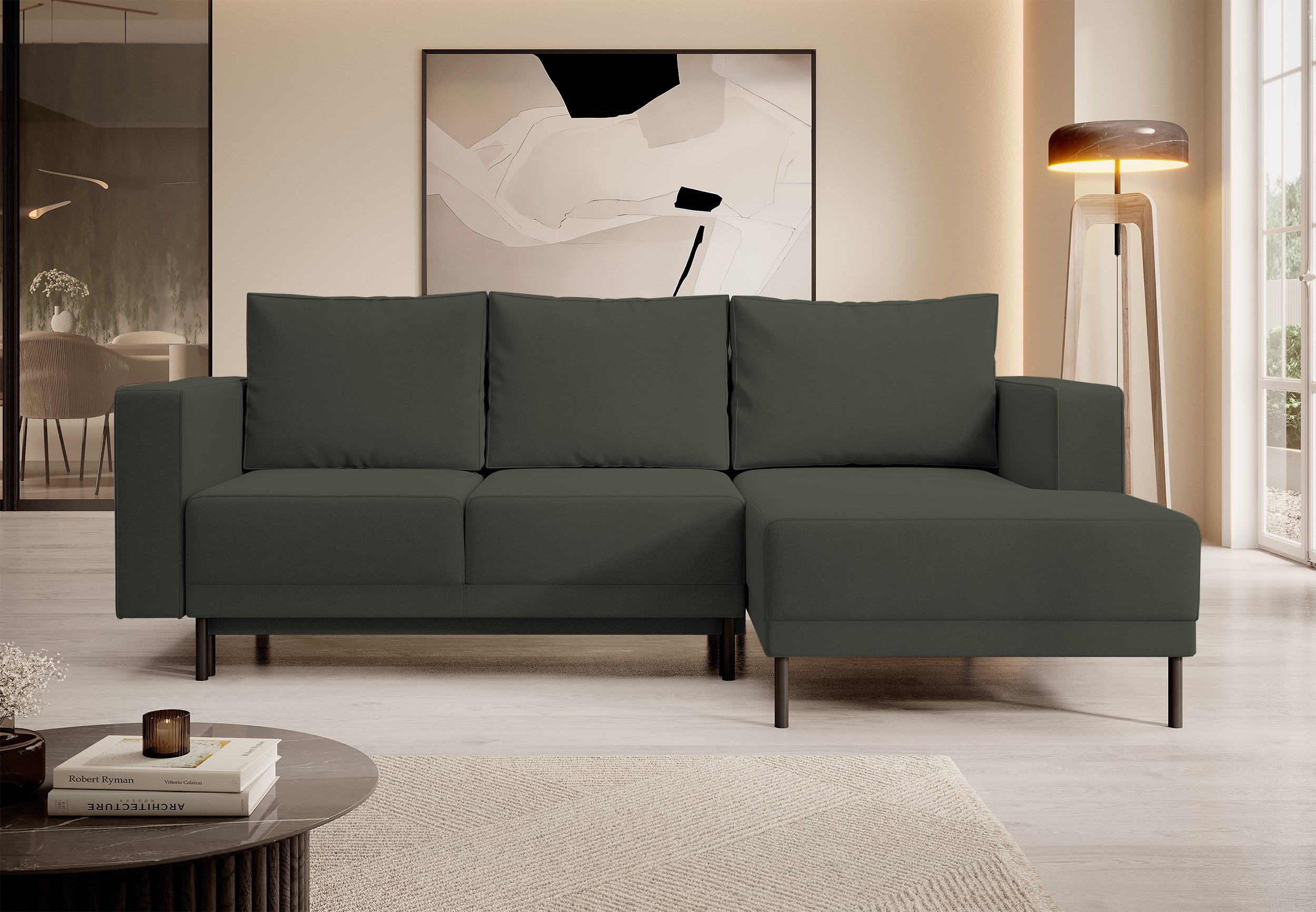 Ecksofa mit Schlaffunktion Rodario Mini, L-förmig, mit Stauraum, olivgrüner, pflegeleichter Samt, rechtsseitig