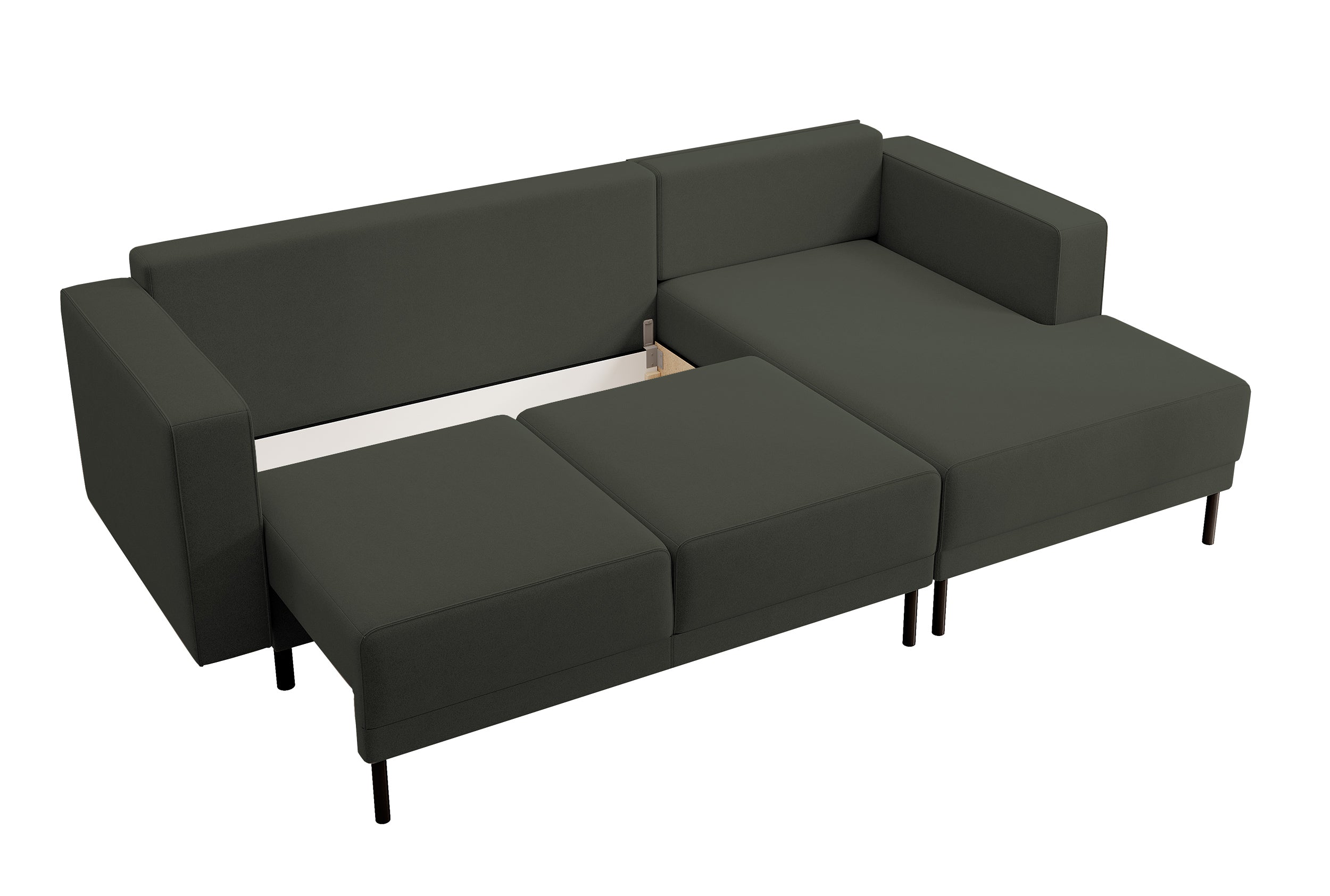 Ecksofa mit Schlaffunktion Rodario Mini, L-förmig, mit Stauraum, olivgrüner, pflegeleichter Samt, rechtsseitig