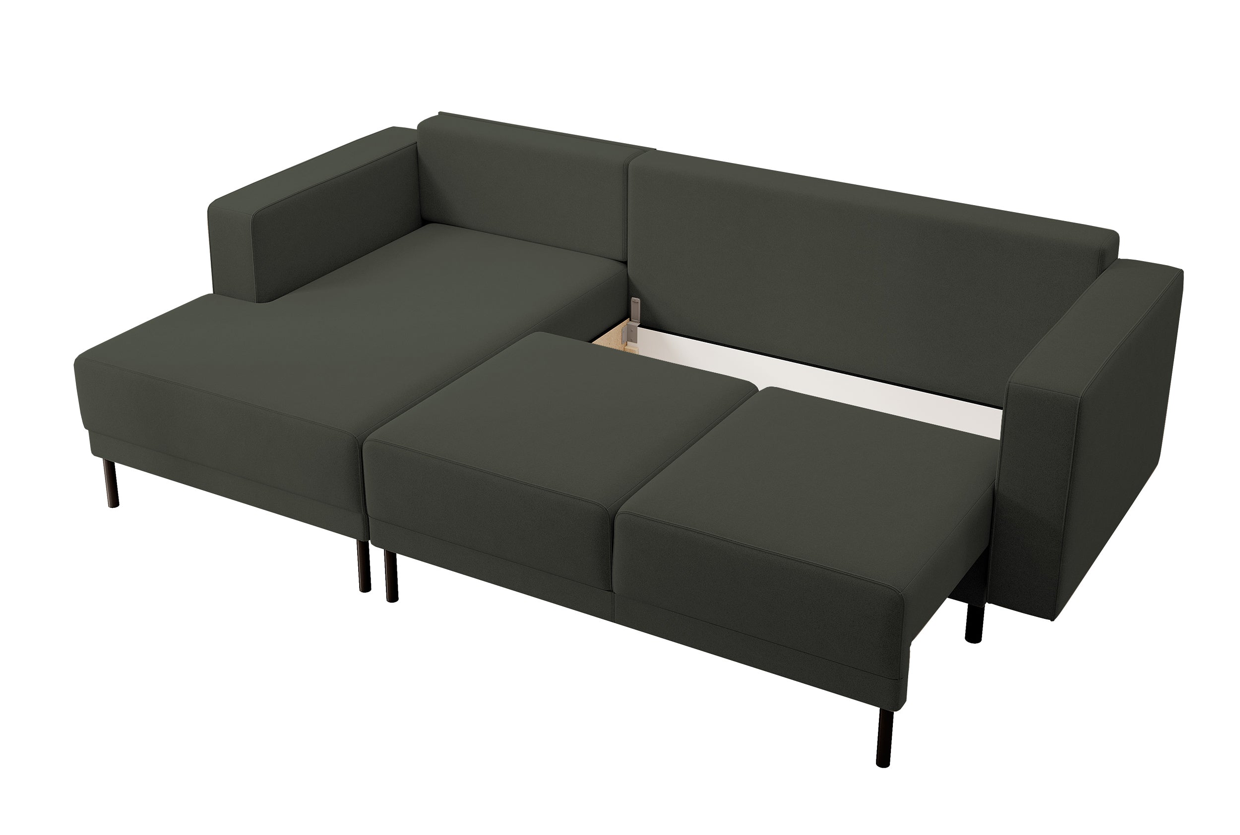 Ecksofa mit Schlafunktion Rodario Mini, L-förmig, mit Stauraum, olivgrüner, pflegeleichter Samt, linksseitig
