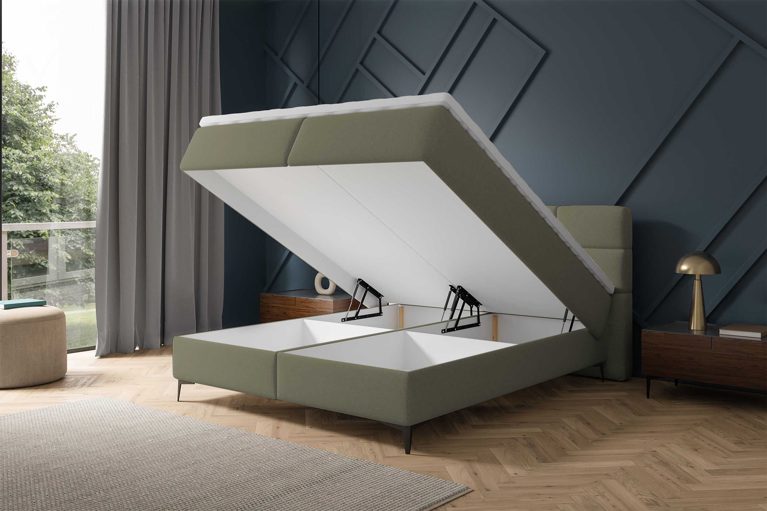 Kontinentales Bett 180x200 cm Rektango mit Stauraum und Topper, olivgrüner Samt
