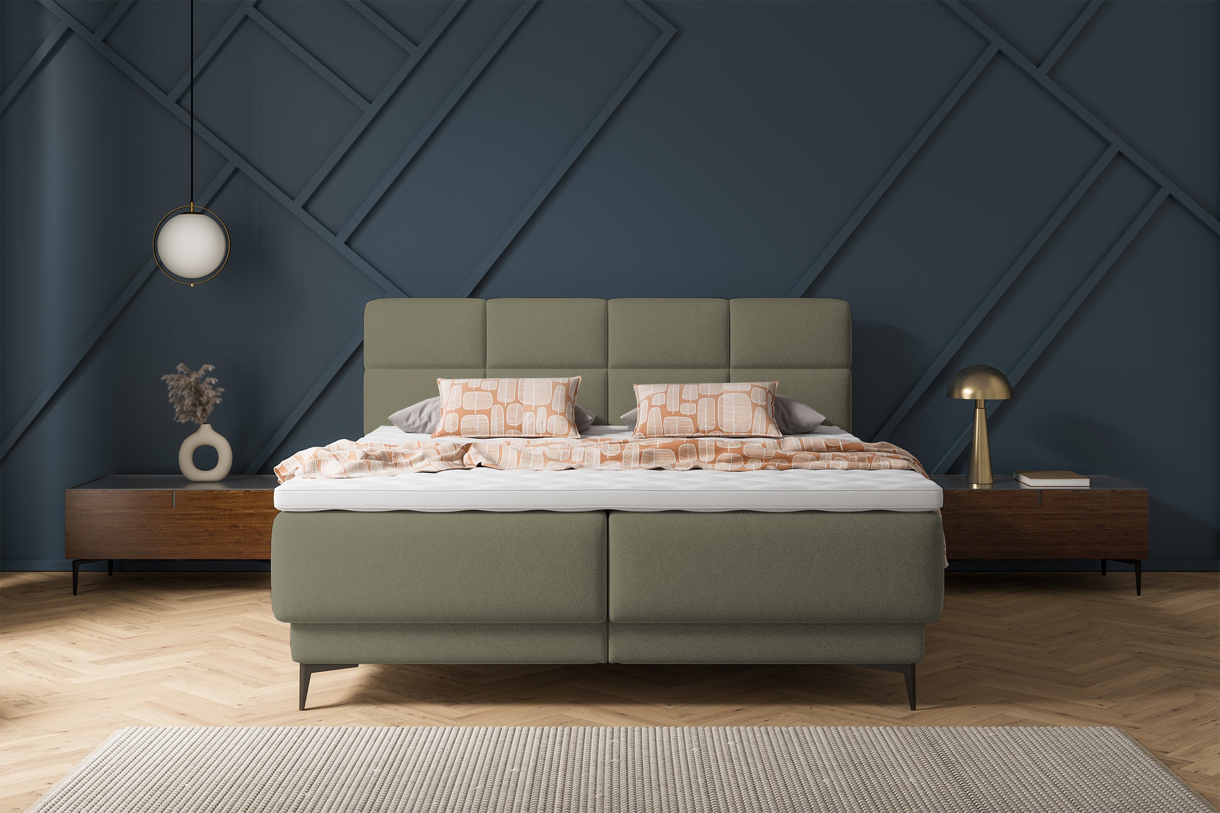 Kontinentales Bett 140x200 cm Rektango mit Stauraum und Topper, olivgrüner Samt