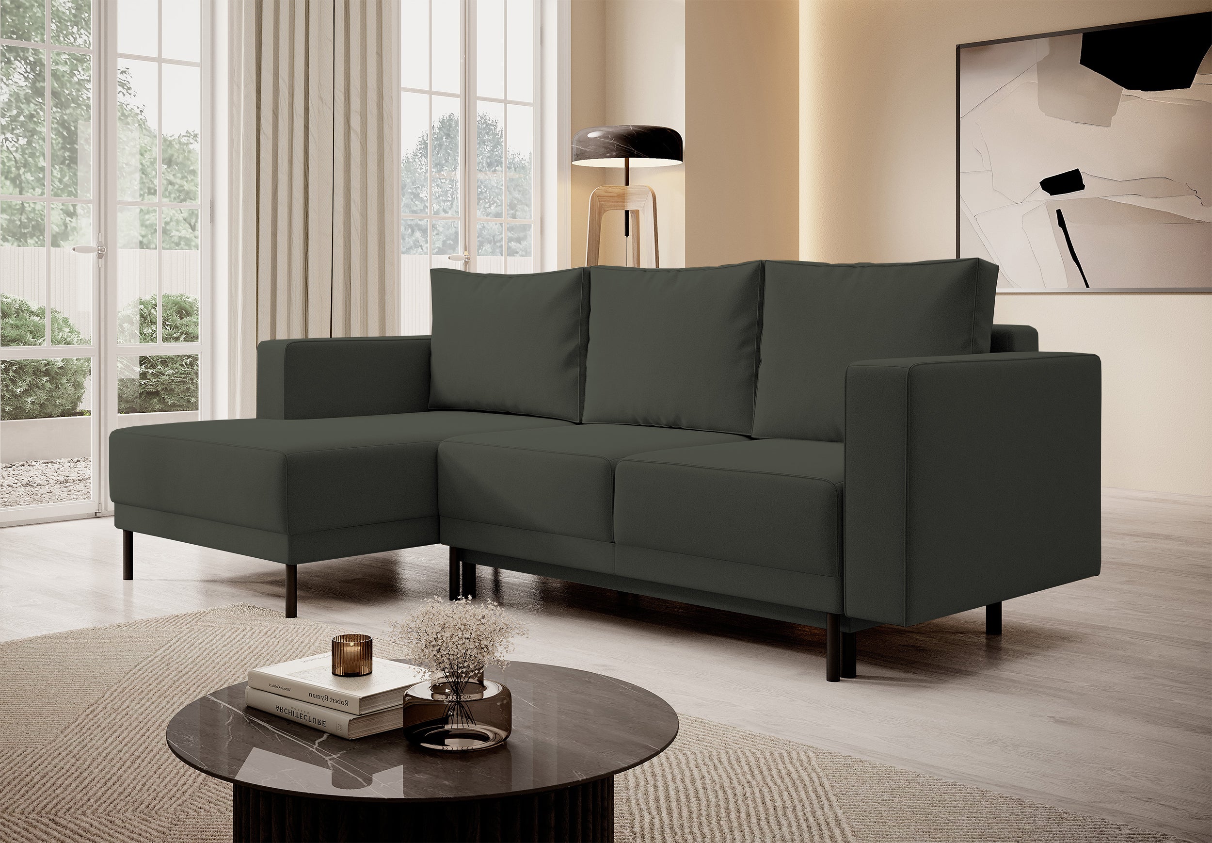 Ecksofa mit Schlafunktion Rodario Mini, L-förmig, mit Stauraum, olivgrüner, pflegeleichter Samt, linksseitig