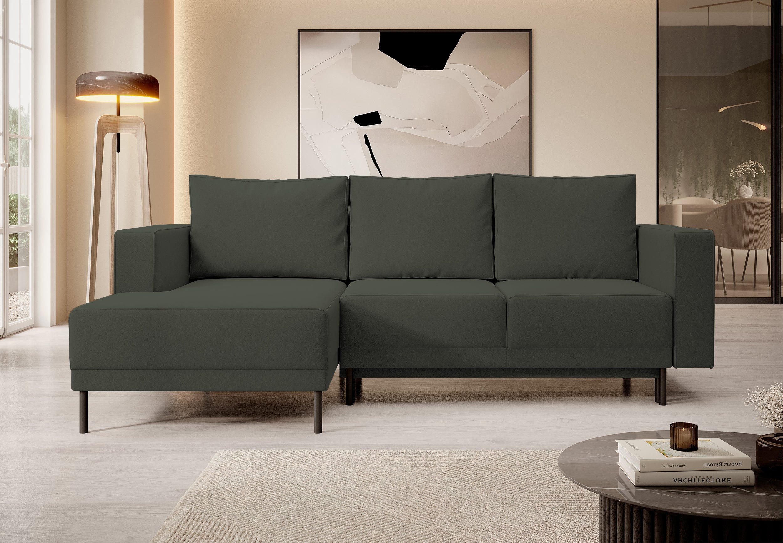 Ecksofa mit Schlafunktion Rodario Mini, L-förmig, mit Stauraum, olivgrüner, pflegeleichter Samt, linksseitig