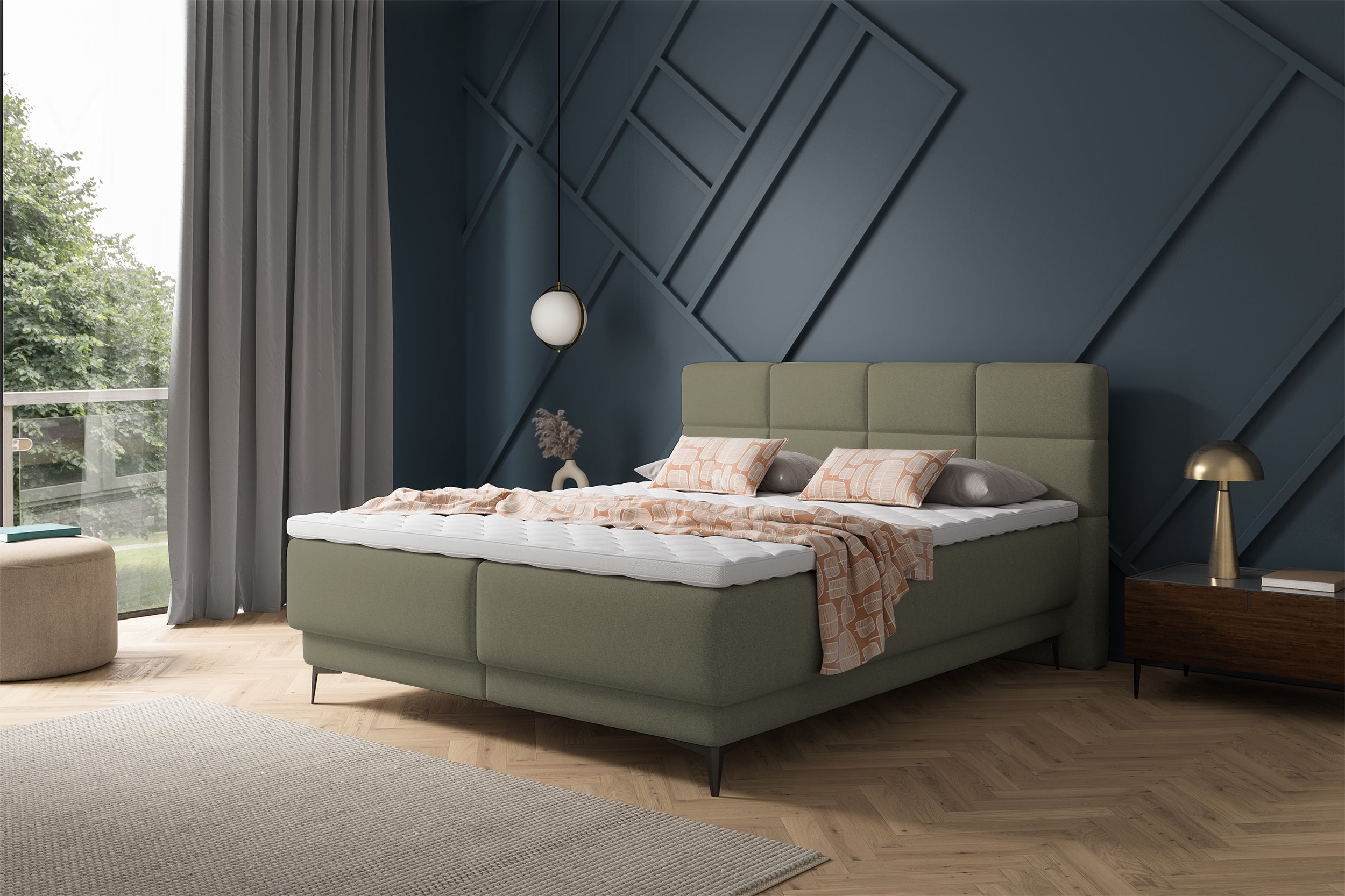 Kontinentales Bett 140x200 cm Rektango mit Stauraum und Topper, olivgrüner Samt
