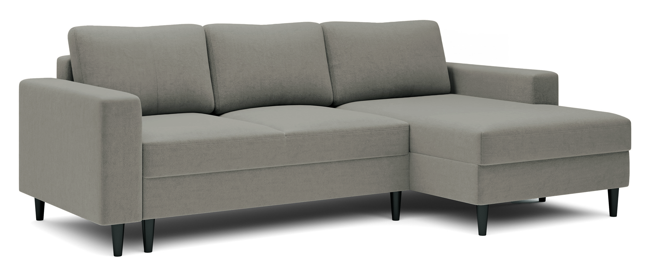 Ecksofa mit Schlafunktion Nalika, L-förmig, mit Stauraum, dunkelbeiger, wasserabweisender Samt, rechtsseitig