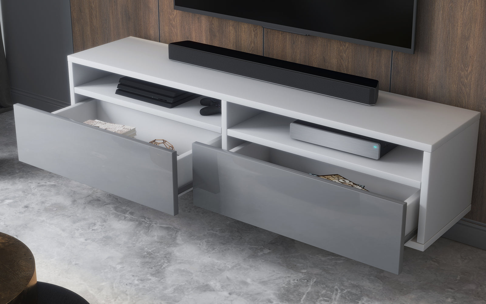 TV-Schrank mit zwei Schubladen Rednaw 140 cm Weiß matt / Grau glänzend