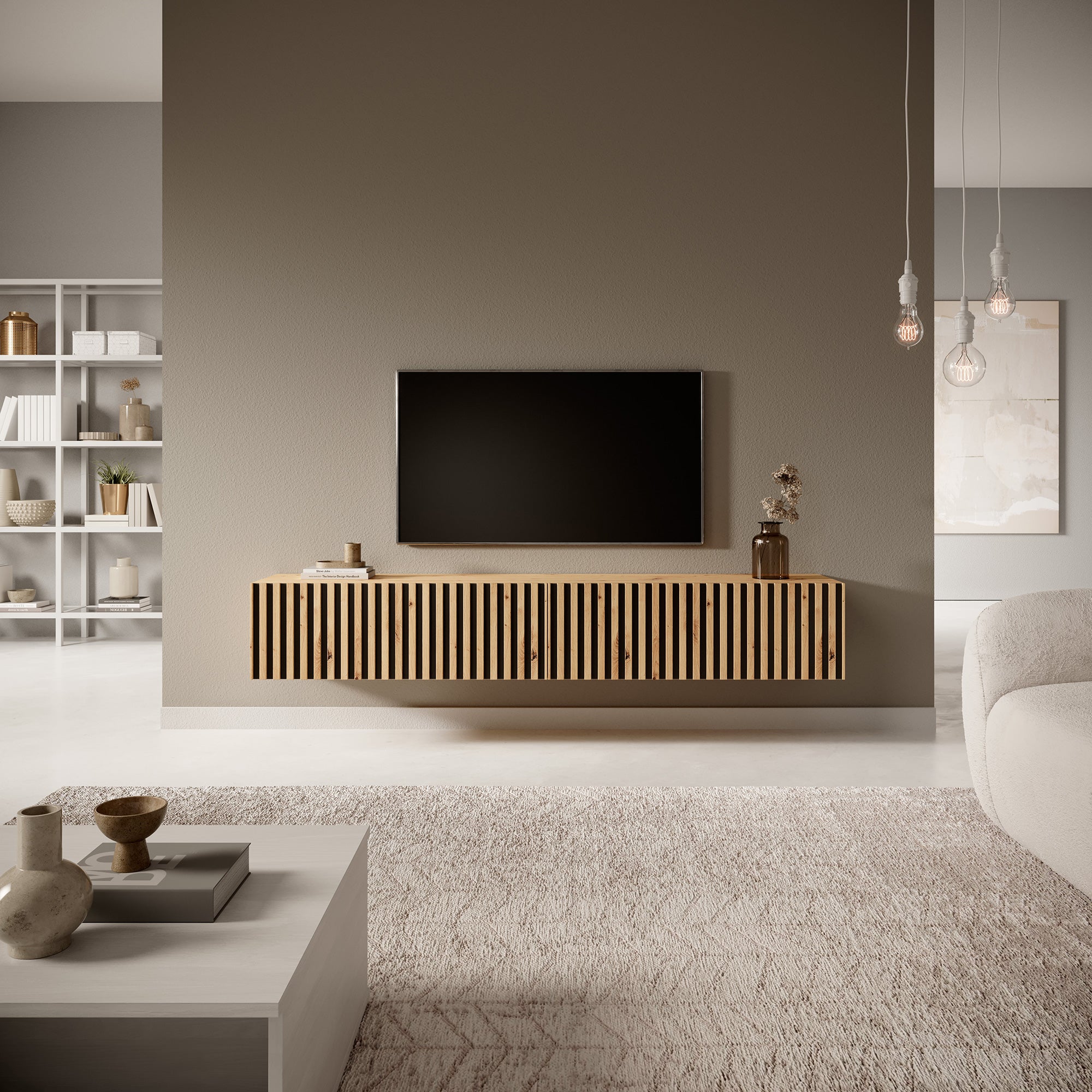 TV-Schrank Telire 175 cm Artisan-Eiche Lamellen mit schwarzen Einsätzen