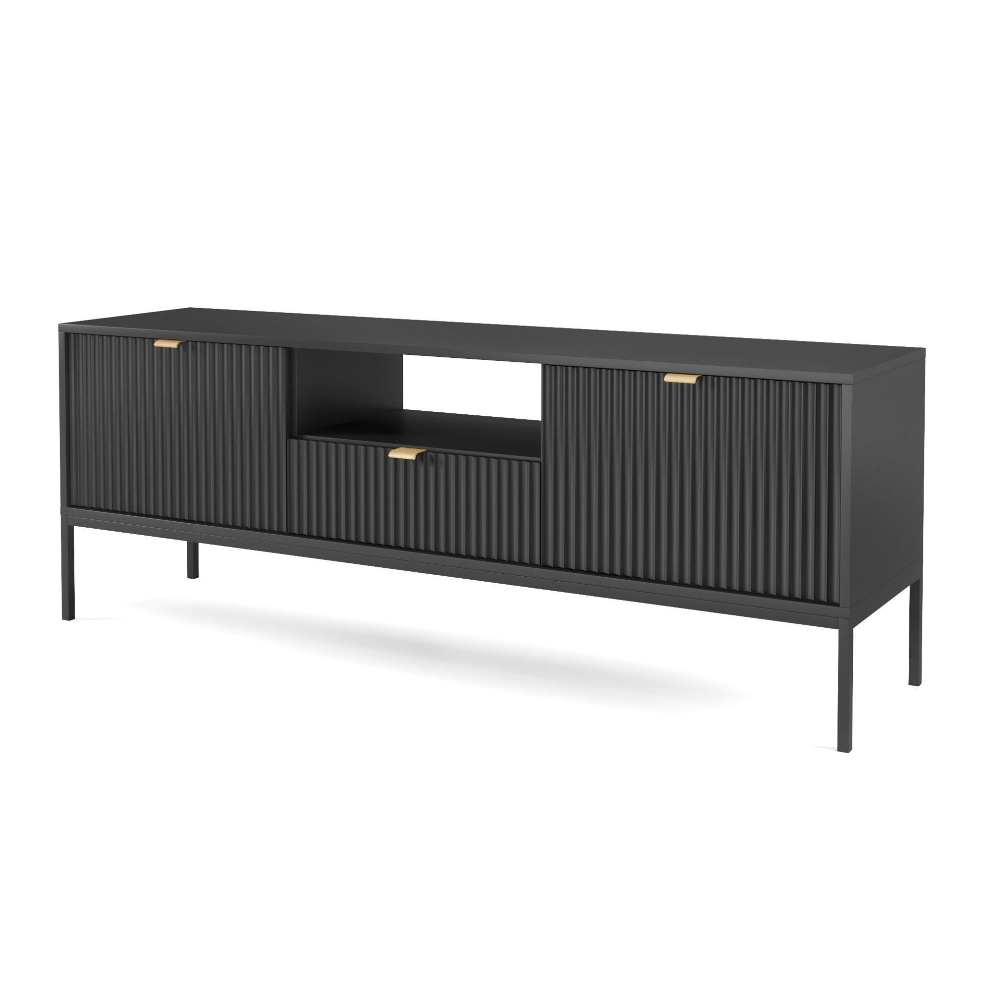 TV-Schrank Vellore 154 cm schwarz mit gerillten Fronten und goldenen Griffen