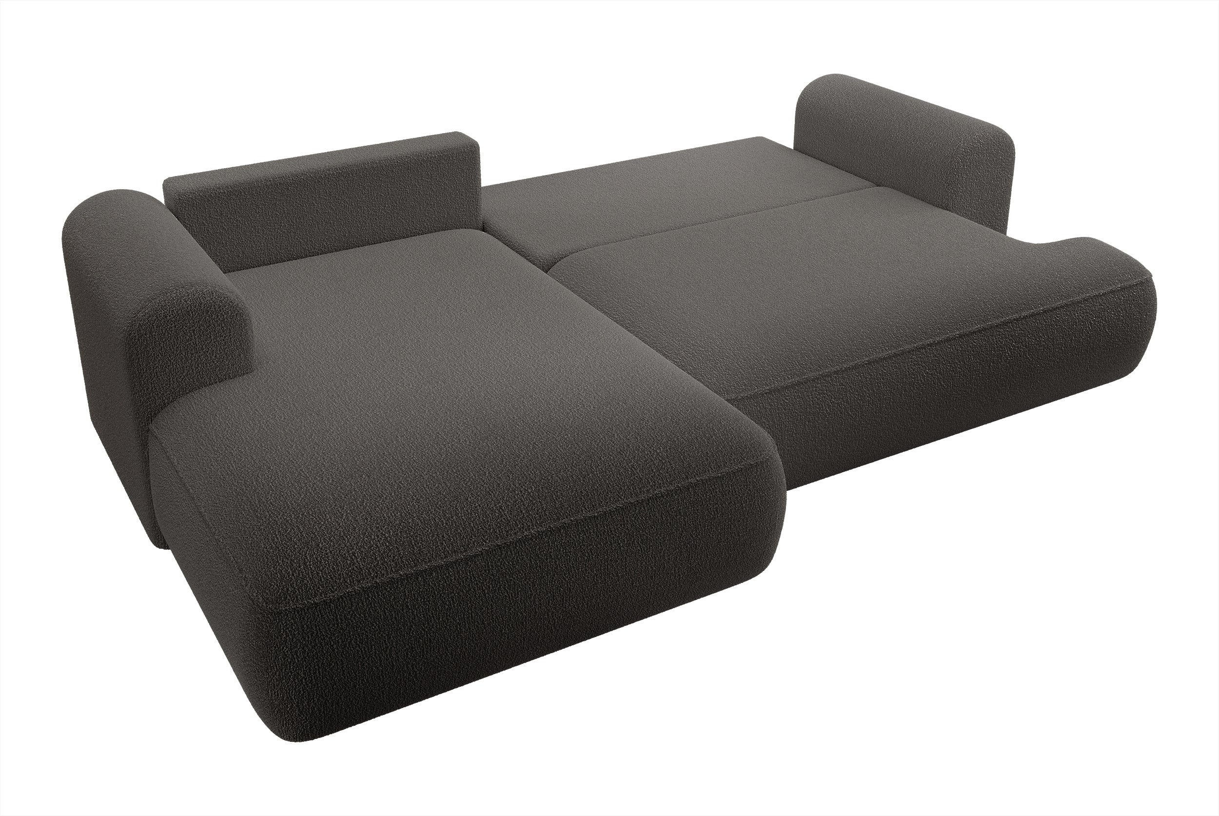 Ecksofa mit Schlaffunktion Ovo, L-förmig, dunkelgrau, mit Stauraum, Bouclé, linksseitig