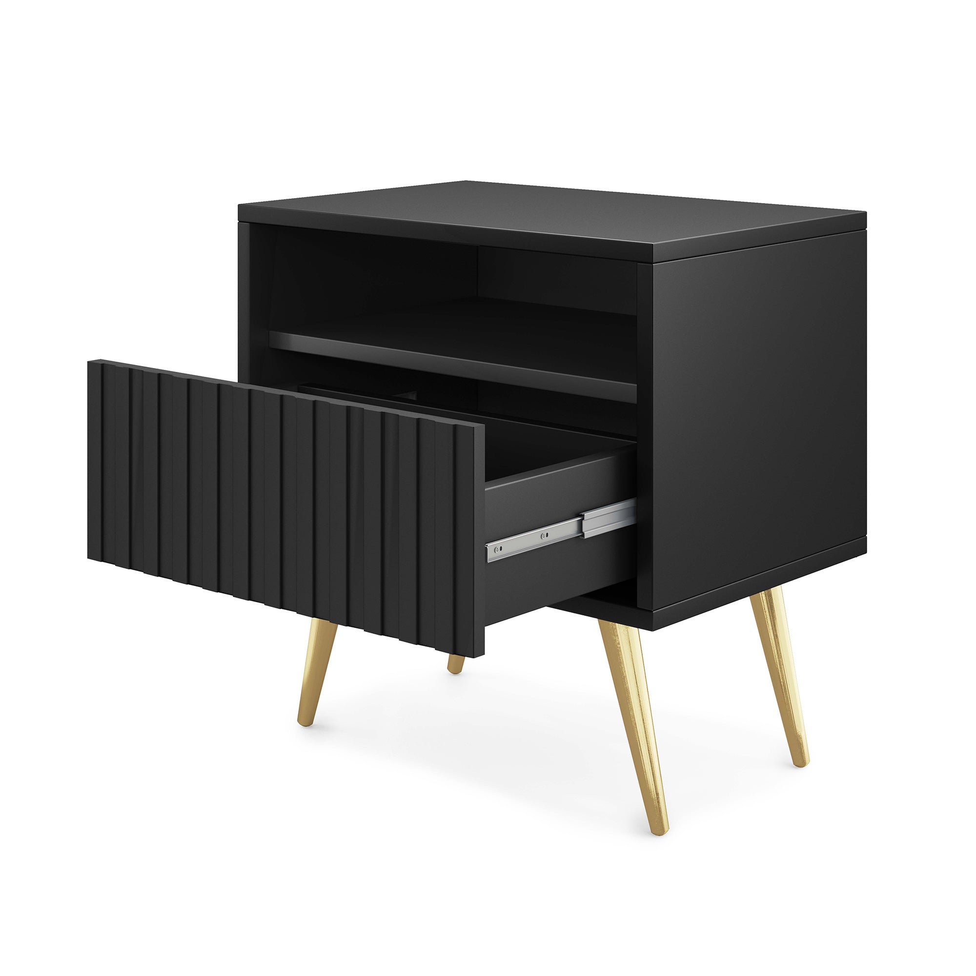 Nachttisch Bello mit Schublade und lamellenförmiger Front, schwarz mit goldenen Beinen