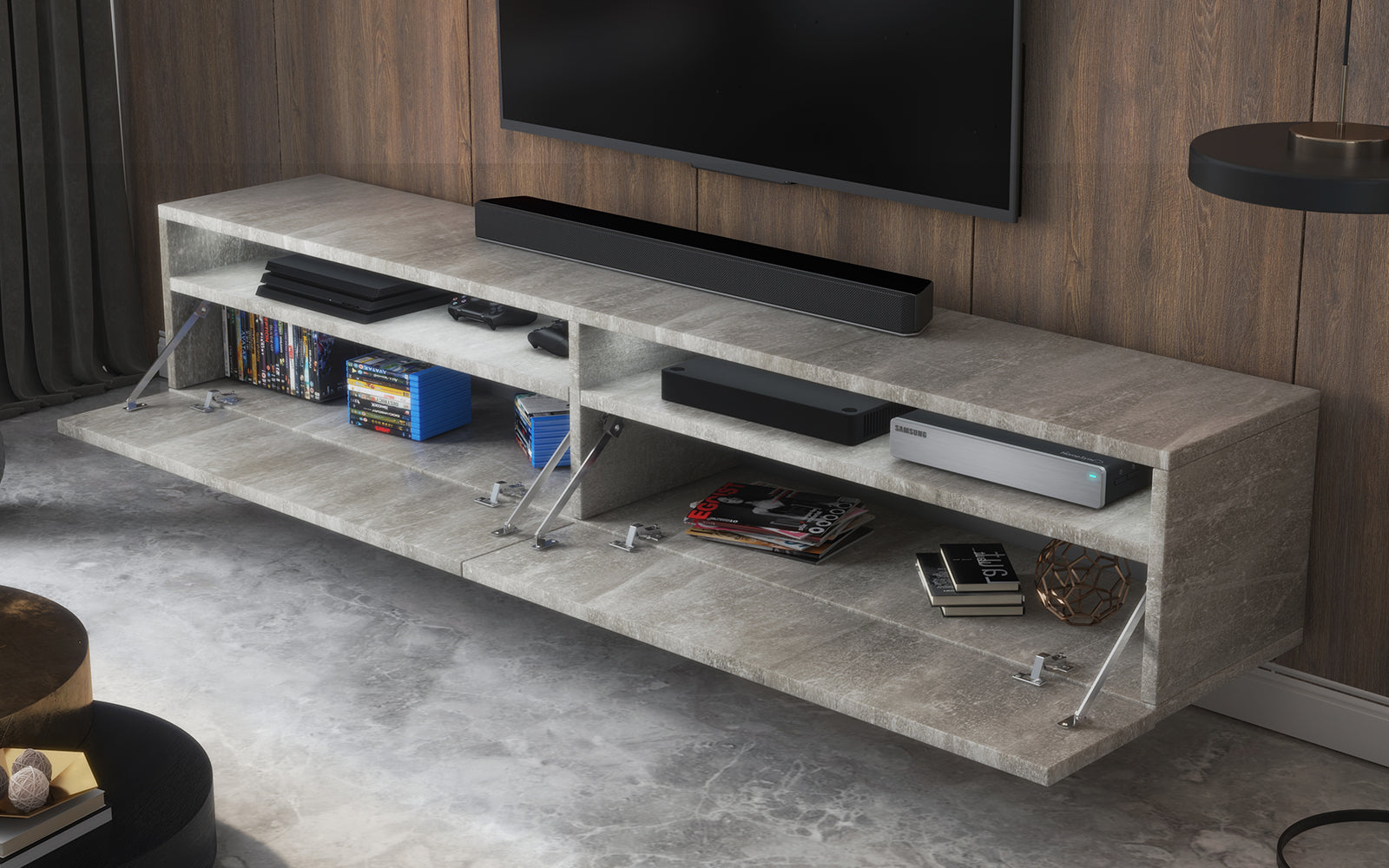 TV-Schrank Rednaw 180 cm Beton mit Beleuchtung
