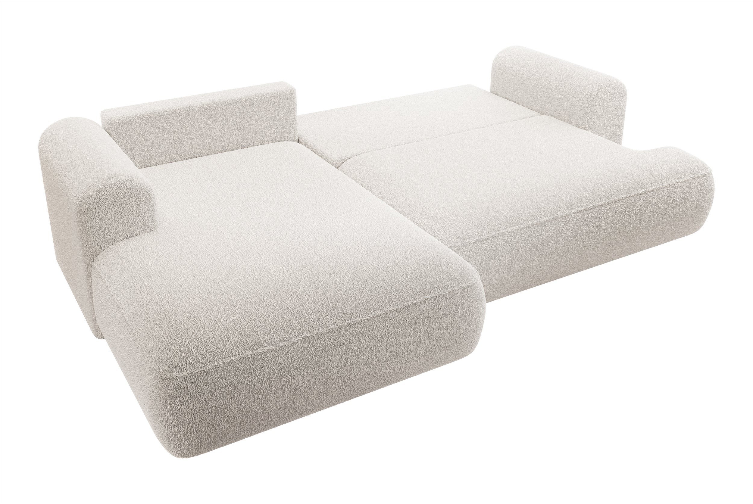 Ecksofa mit Schlaffunktion Ovo, L-förmig, cremefarben mit Stauraum, Bouclé, linksseitig