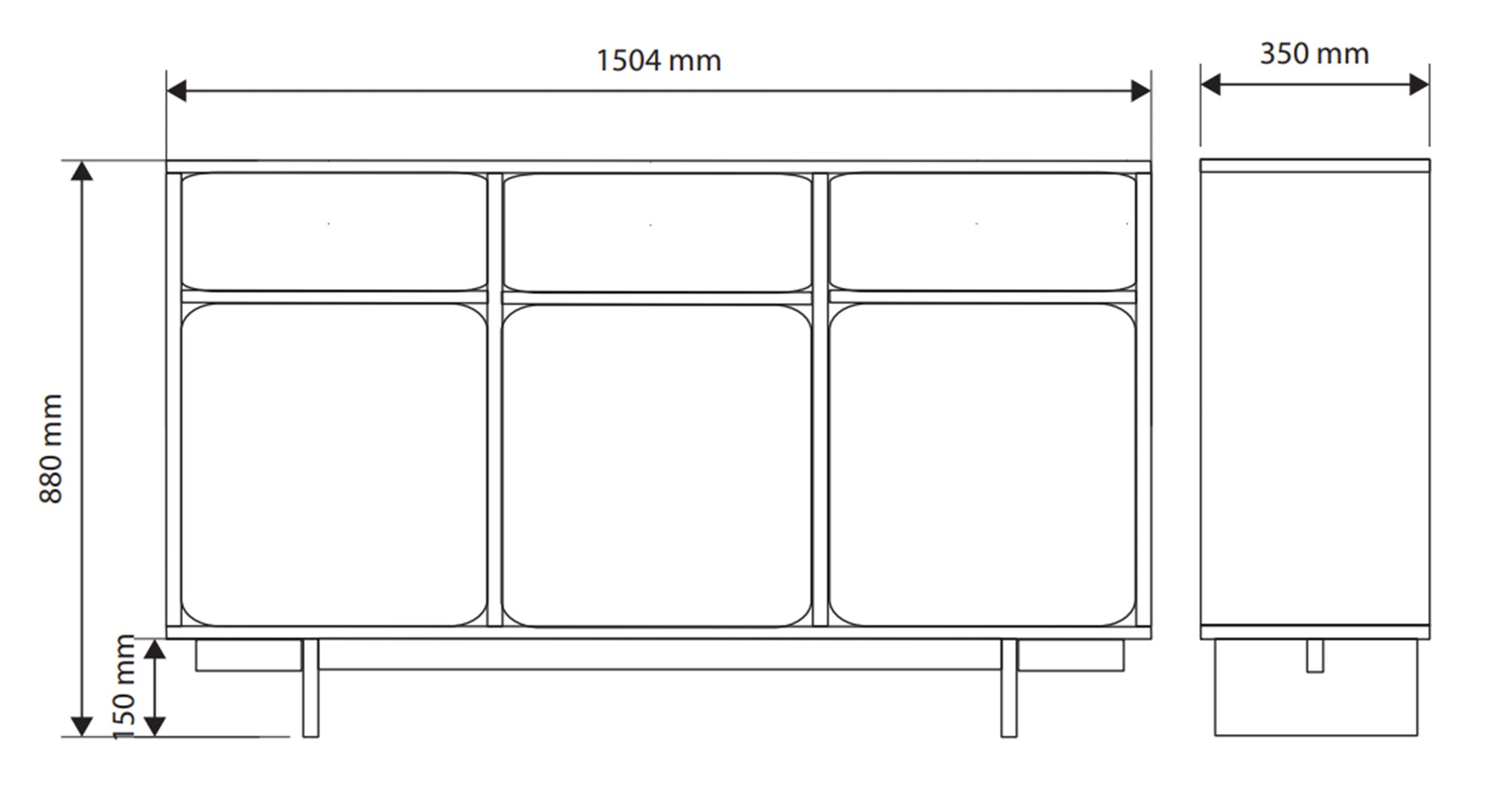 Drehtür-Kommode Wuwu mit drei Schubladen, 150 cm, grau-beige