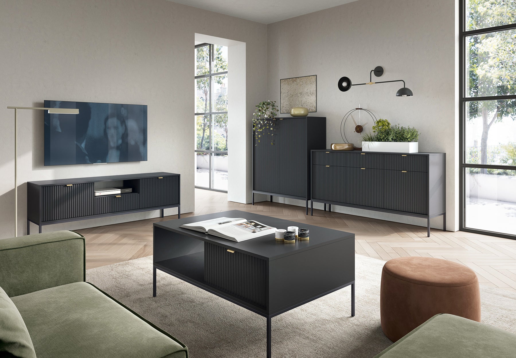 Couchtisch Vellore 104x68 cm schwarz mit geriffelter Front und goldenem Griff