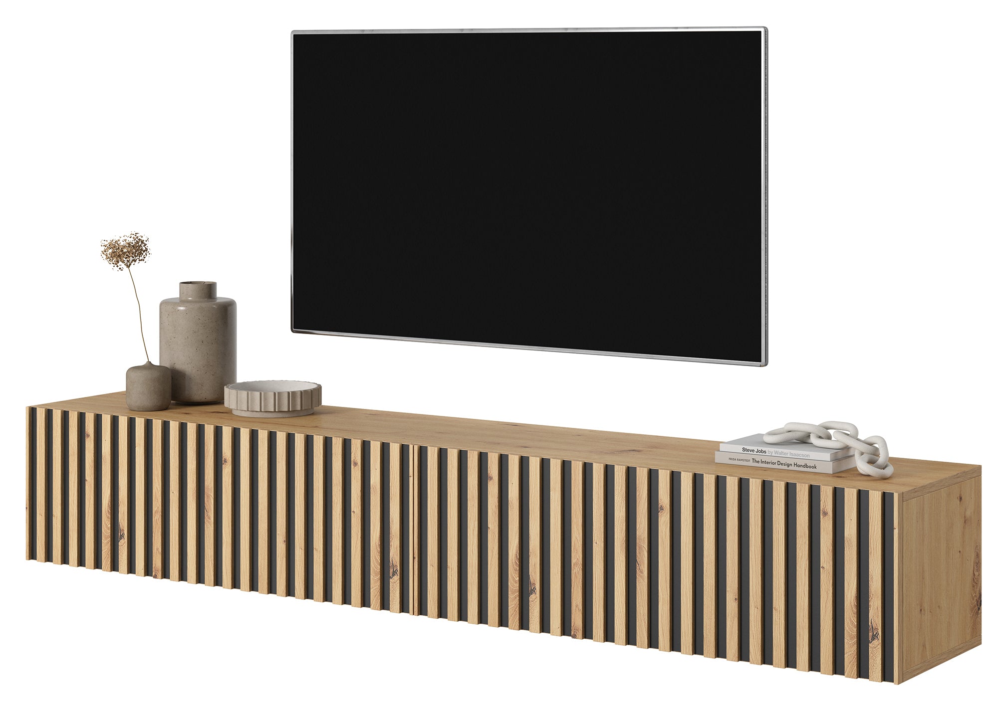 TV-Schrank Telire 175 cm Artisan-Eiche Lamellen mit schwarzen Einsätzen