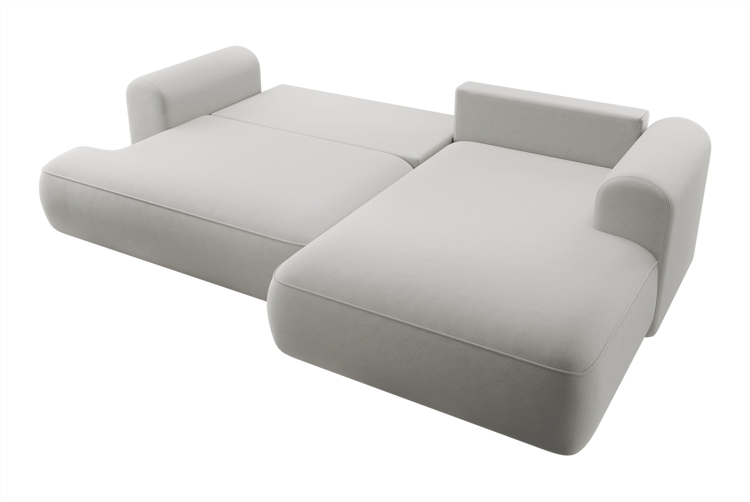 Ecksofa mit Schlafunktion Ovo, L-förmig, grau, Samt, mit Stauraum, aus pflegeleichtem Stoff, rechtsseitig