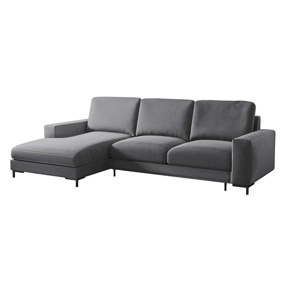 Ecksofa mit Schlafunktion Mokpeo, L-förmig, mit zwei Aufbewahrungsboxen, schwarze Füße, grafitfarbener Samt, linksseitig