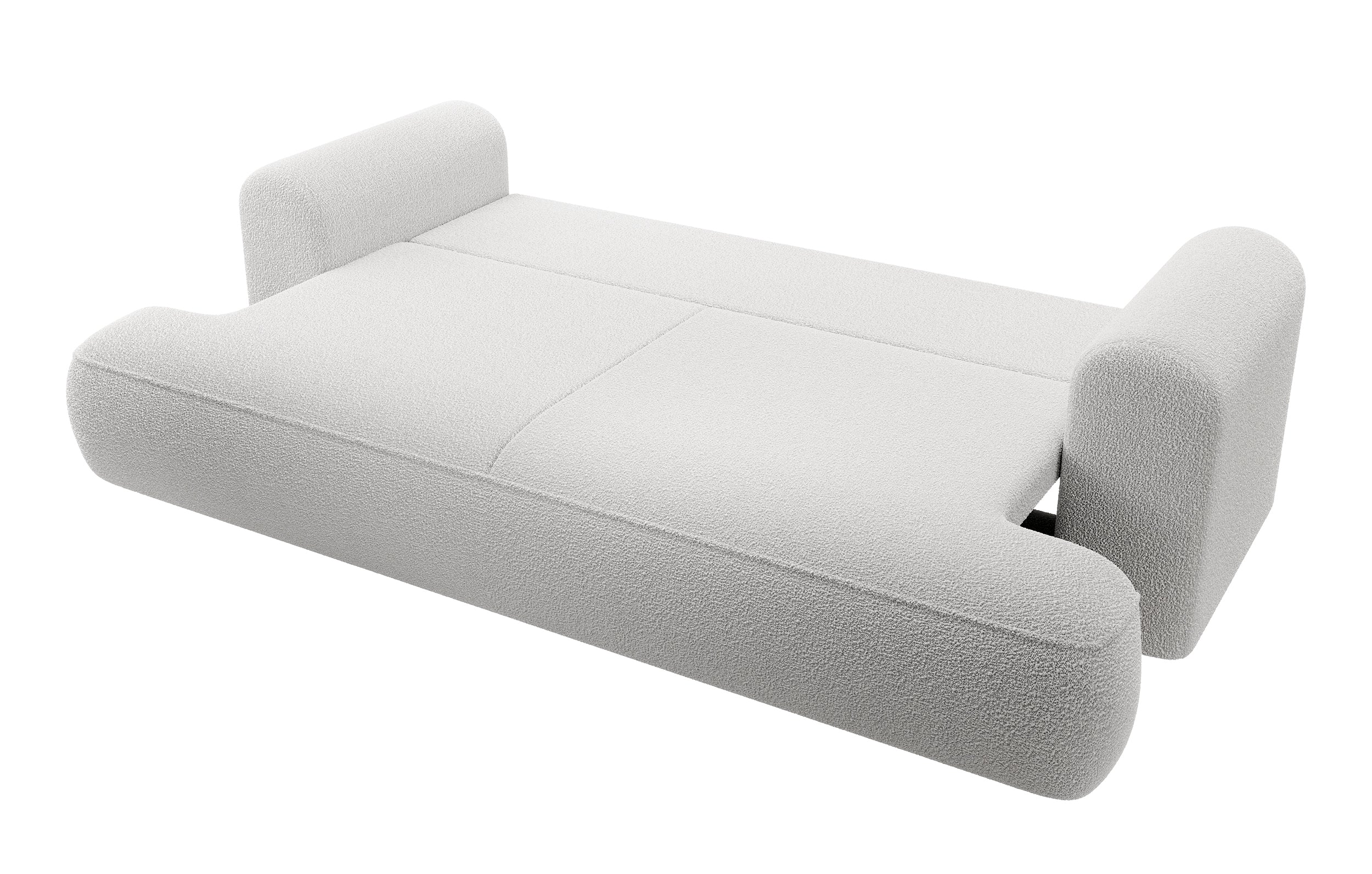 Dreisitziges ausklappbares Sofa Ovo mit Stauraum, grauer Bouclé-Stoff