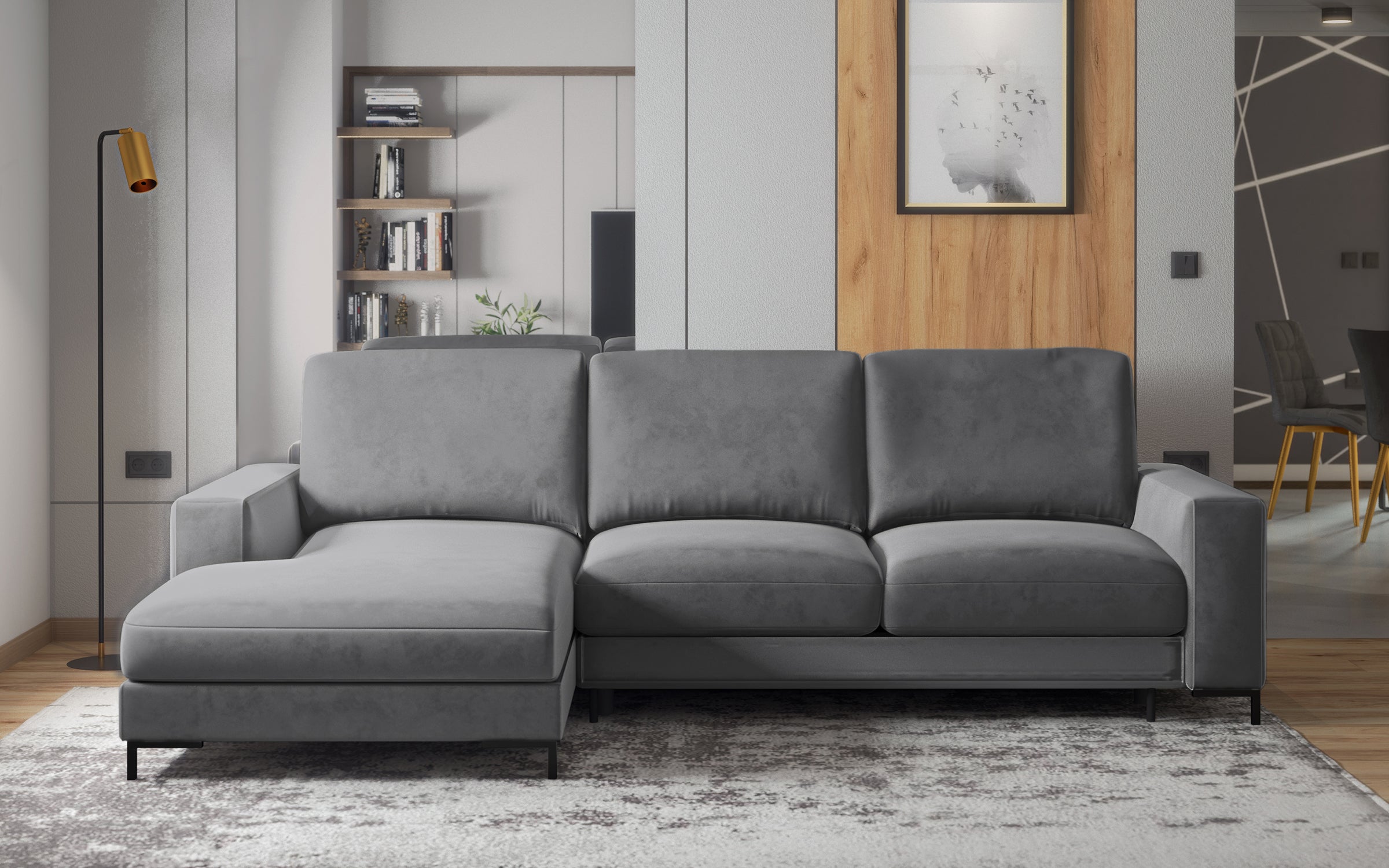 Ecksofa mit Schlafunktion Mokpeo, L-förmig, mit zwei Aufbewahrungsboxen, schwarze Füße, grafitfarbener Samt, linksseitig