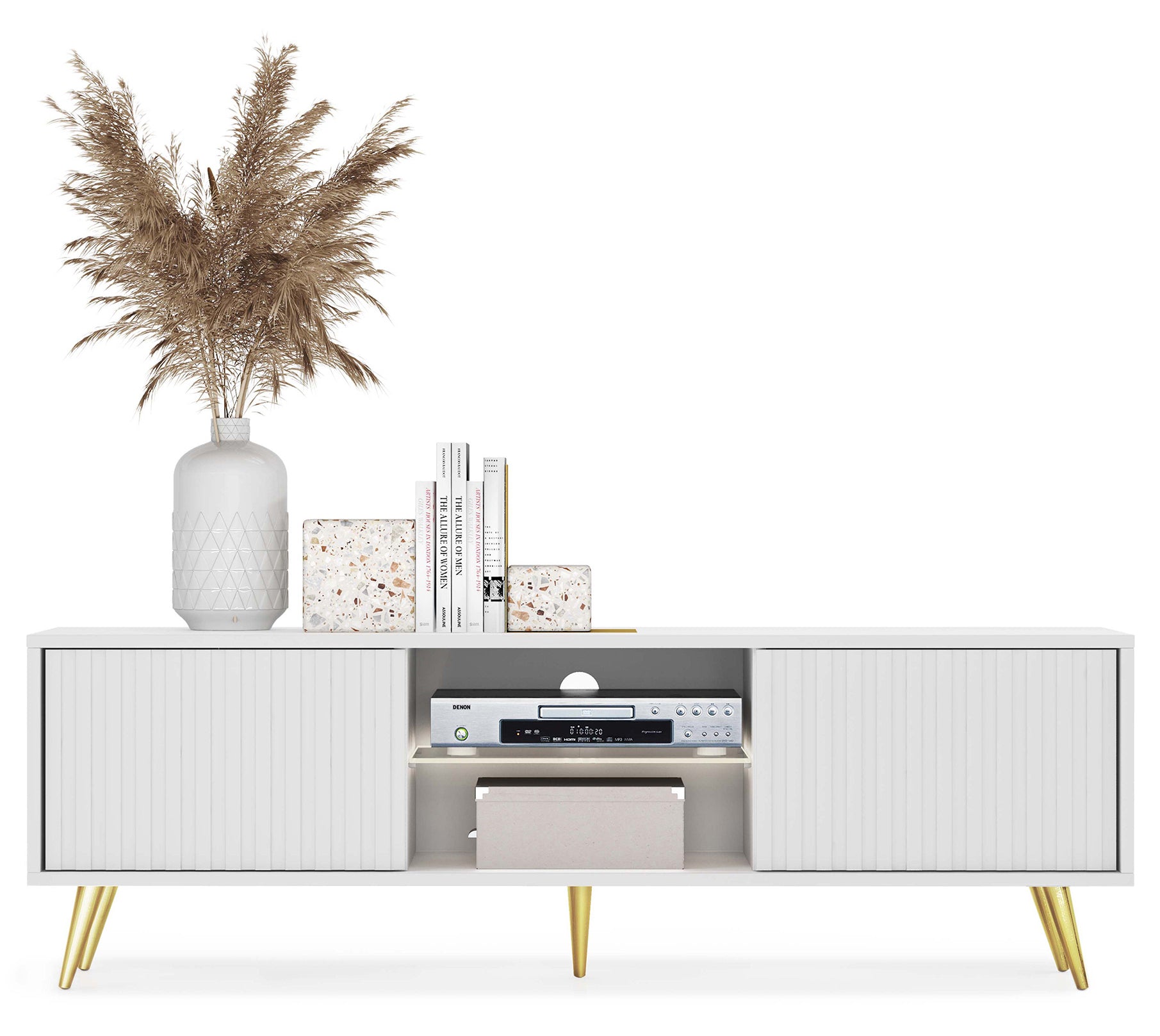TV-Schrank Bello mit Lamellenfronten, 135 cm, weiß mit goldenen Beinen