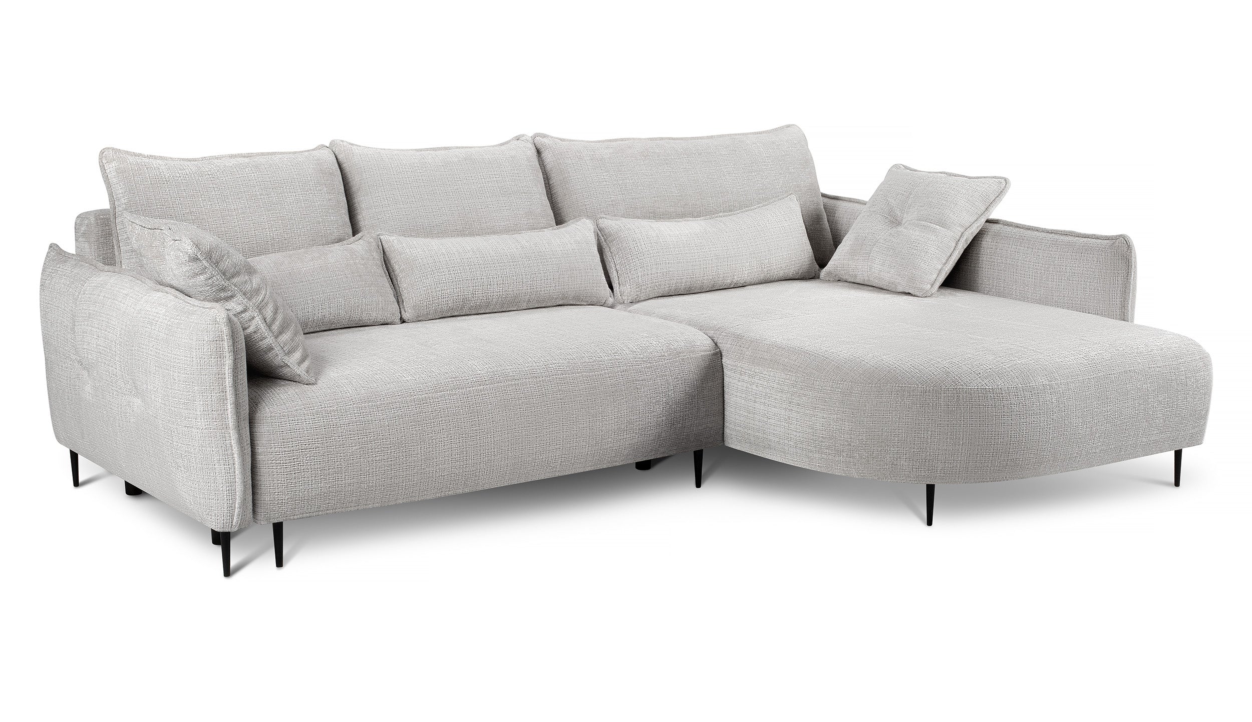 Ecksofa Oblivio mit Schlaffunktion, L-förmig, mit Stauraum, hellgrauer Chenille, rechtsseitig