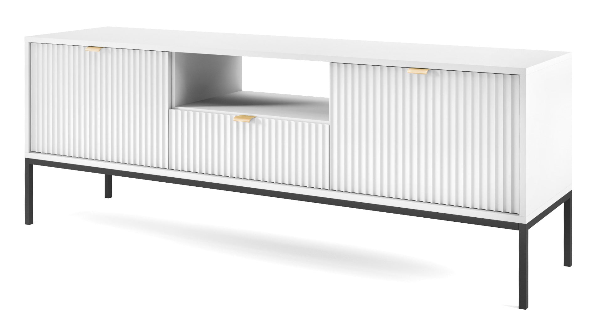 TV-Schrank Vellore 154 cm weiß mit geriffelten Fronten und goldenen Griffen