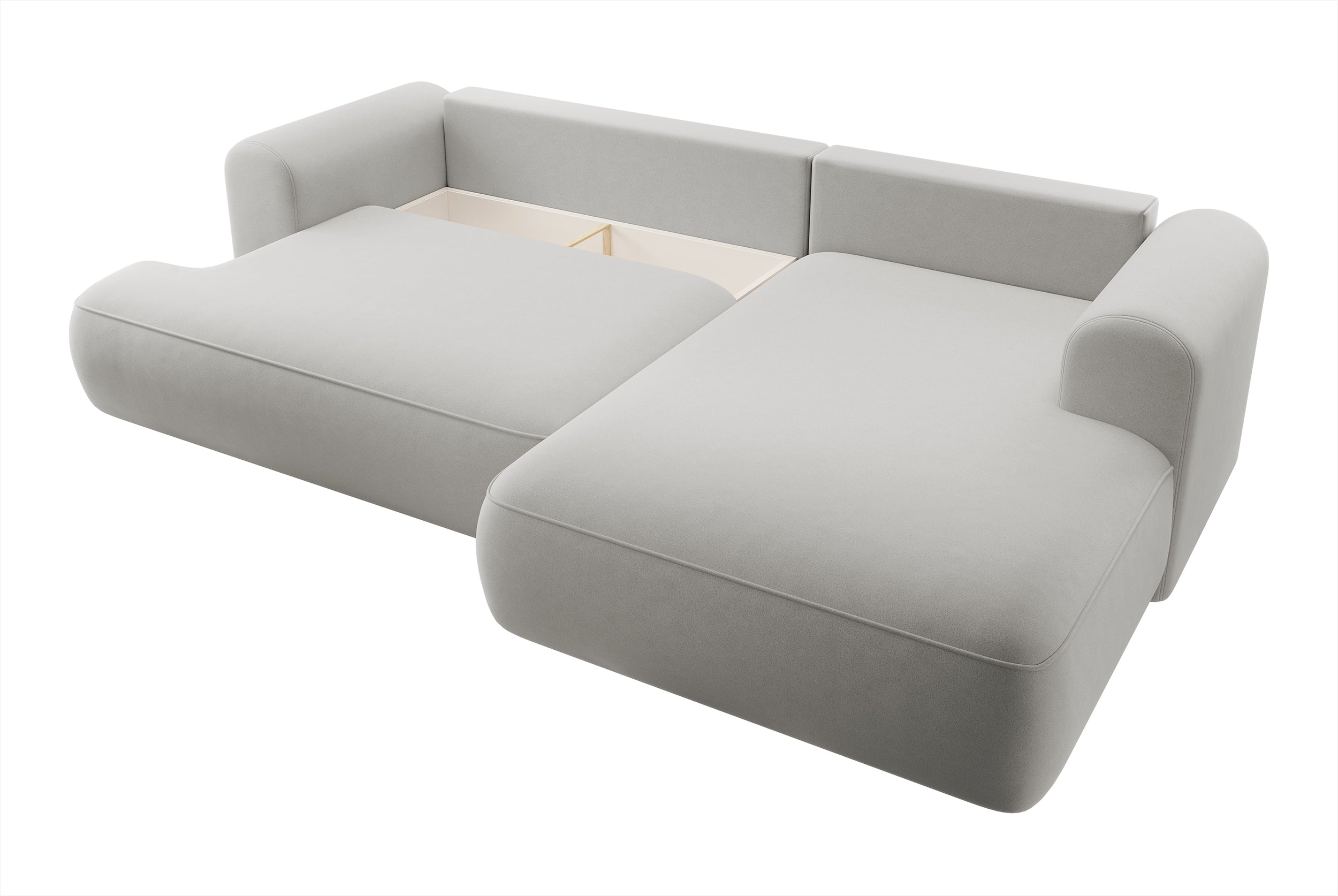 Ecksofa mit Schlafunktion Ovo, L-förmig, grau, Samt, mit Stauraum, aus pflegeleichtem Stoff, rechtsseitig