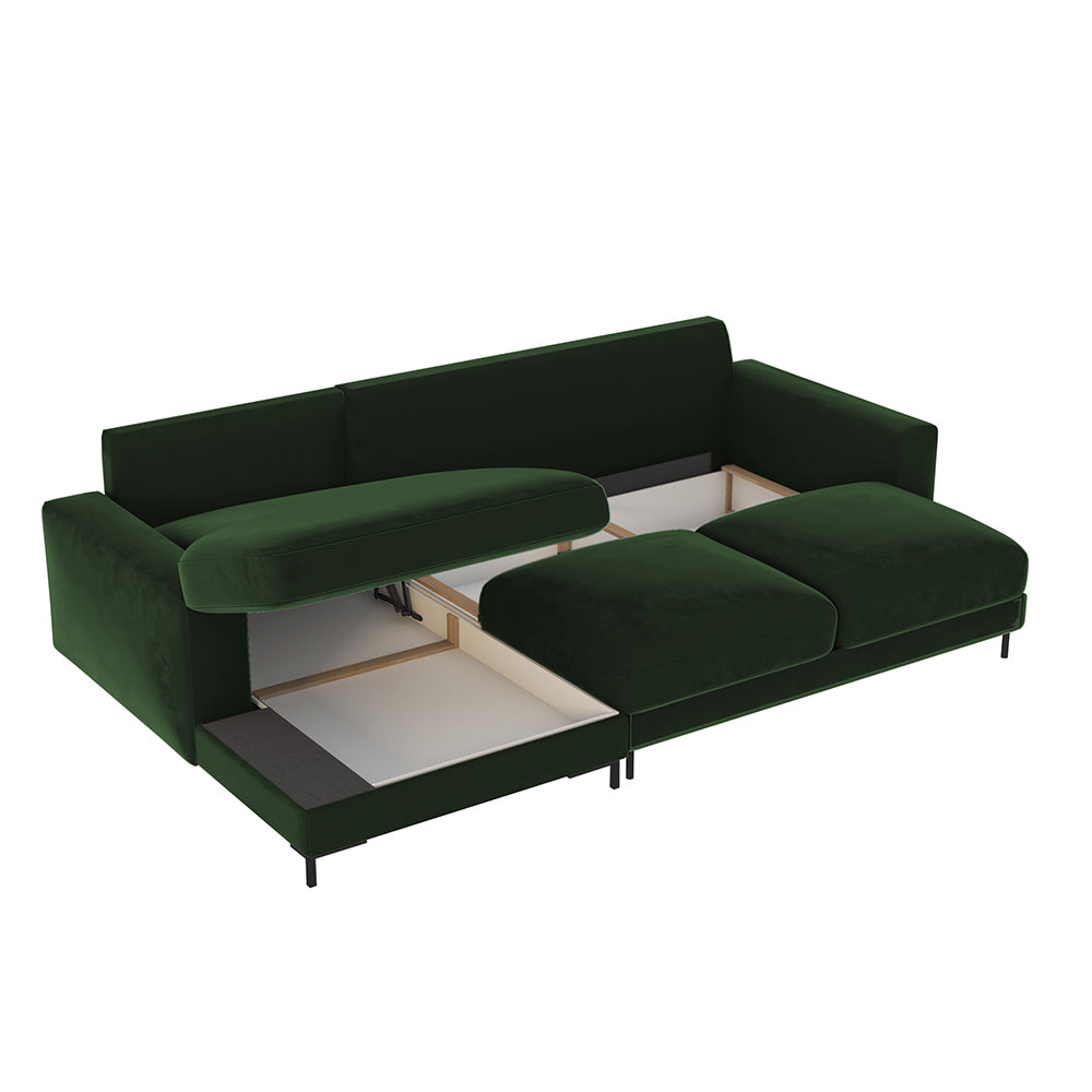 Ecksofa mit Schlaffunktion Mokpeo, L-förmig, mit zwei Stauraumfächern, schwarze Füße, samtiges Flaschengrün, linksseitig