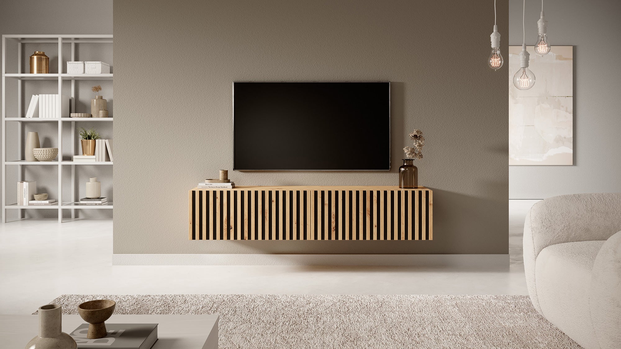 TV-Schrank Telire 138,6 cm Artisan-Eiche mit lamellenförmiger Front und schwarzen Einsätzen