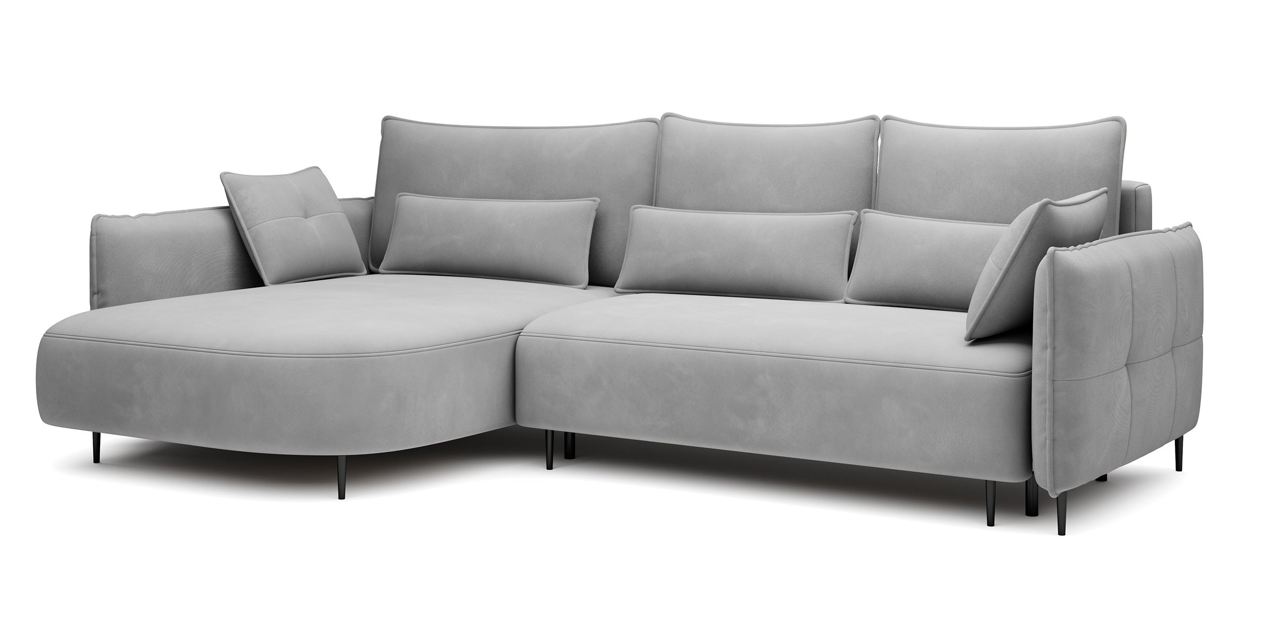 Ecksofa Oblivio mit Schlaffunktion, L-förmig, mit Stauraum, grauer Samt, linksseitig, wasserabweisend