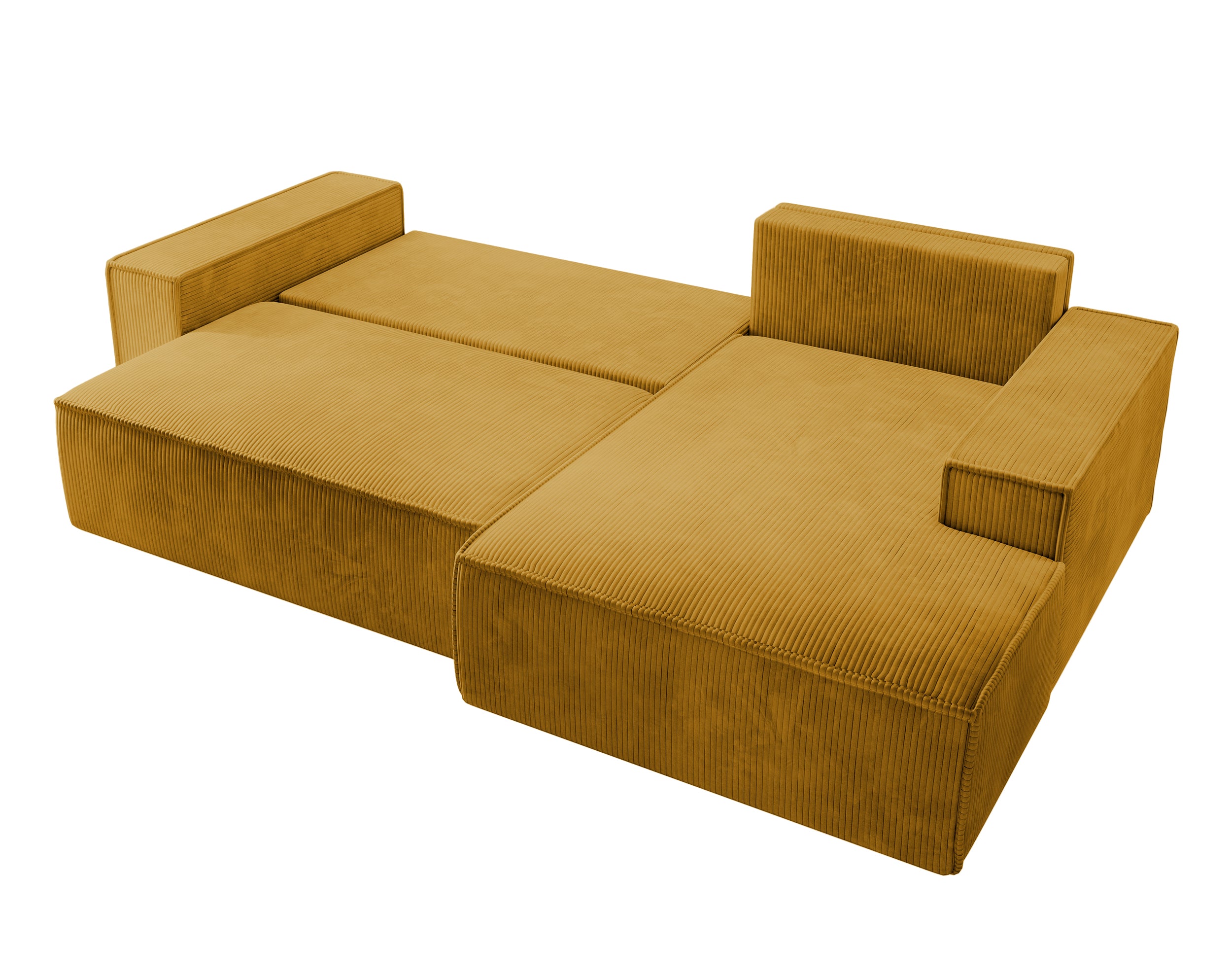 Ecksofa mit Schlaffunktion Farese New, L-förmig, mit Stauraum, senfgelber Cordstoff, rechtsseitig