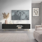 TV-Schrank Bello mit Lamellenfronten, 175 cm, schwarz, mit LED und goldenen Beinen