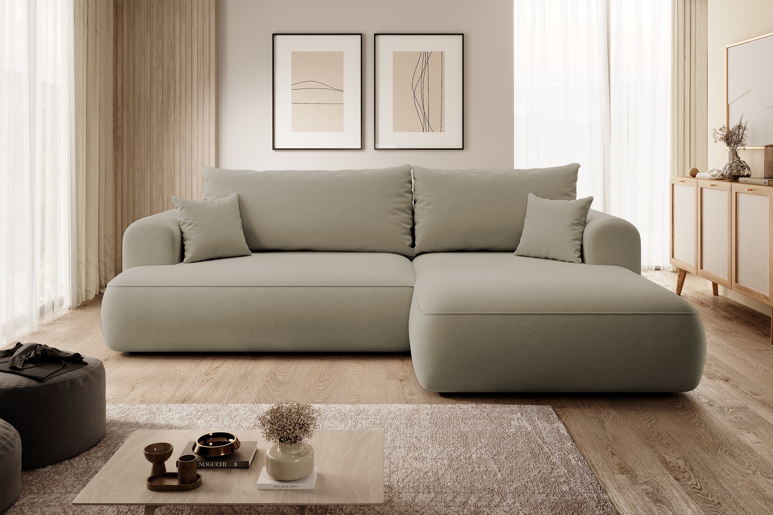 Ecksofa mit Schlaffunktion Ovo, L-förmig, beige Samt, mit Stauraum, aus leicht zu reinigendem Stoff, rechtsseitig