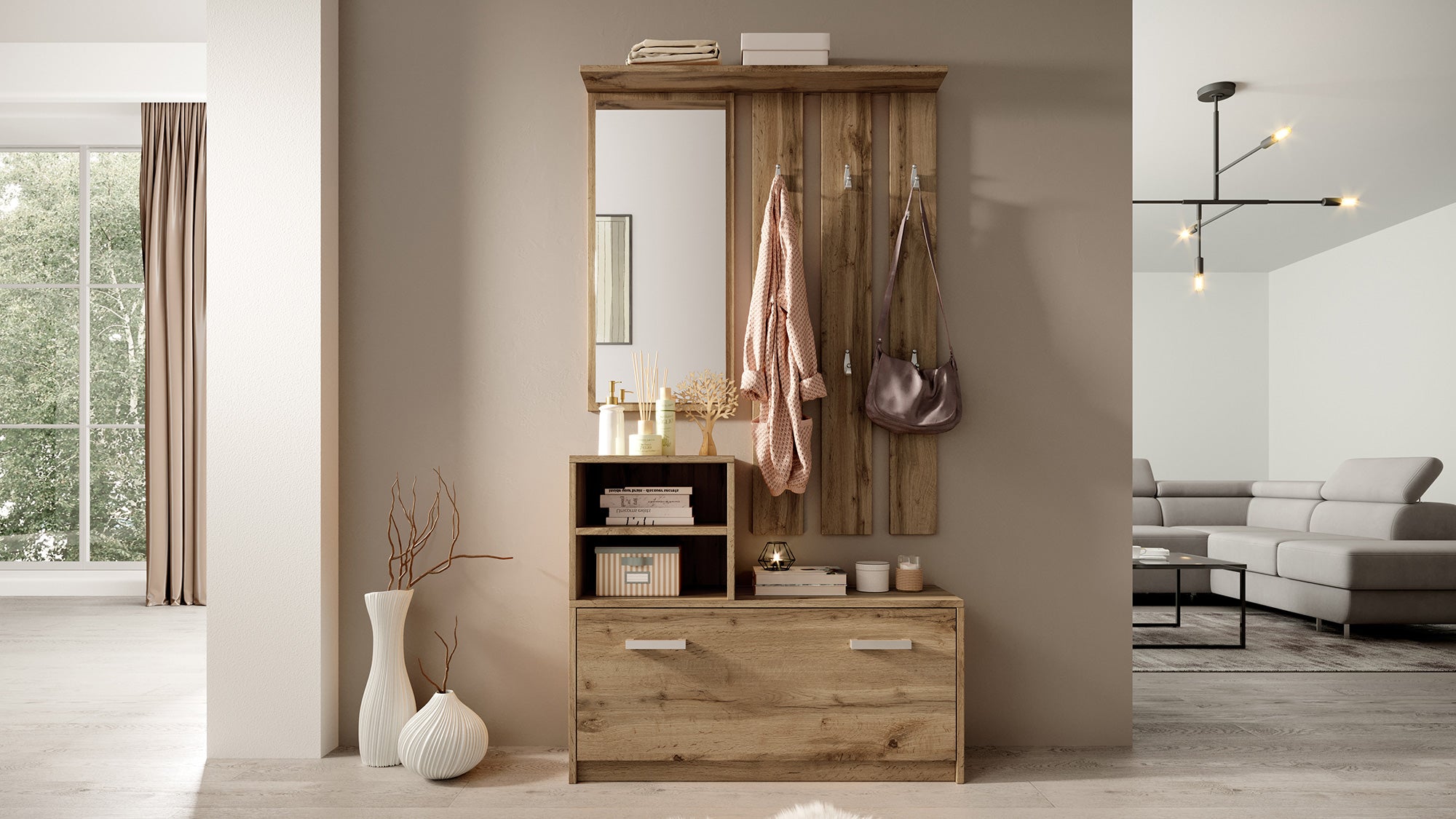 Flur-Set Yesfir mit Spiegel, Haken, Regalen und Schuhschrank Wotan-Eiche