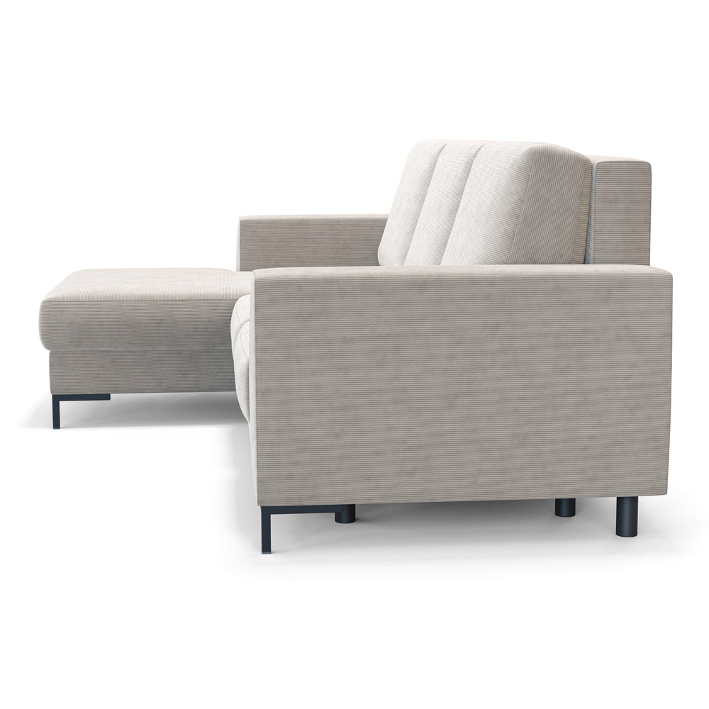 Ecksofa mit Schlaffunktion Mokpeo, L-förmig, mit zwei Stauraumfächern, auf schwarzen Füßen, beige Cordstoff, linksseitig