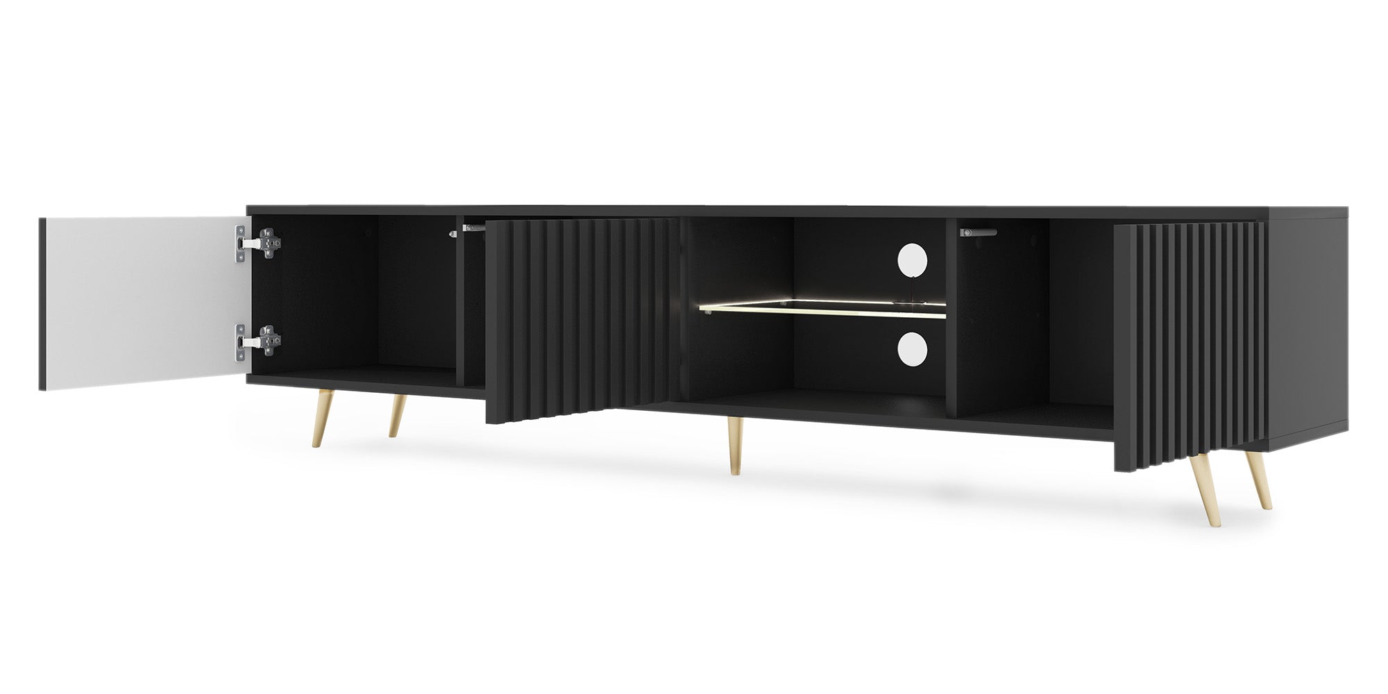 TV-Schrank Bello mit Lamellenfronten, 175 cm, schwarz, mit LED und goldenen Beinen