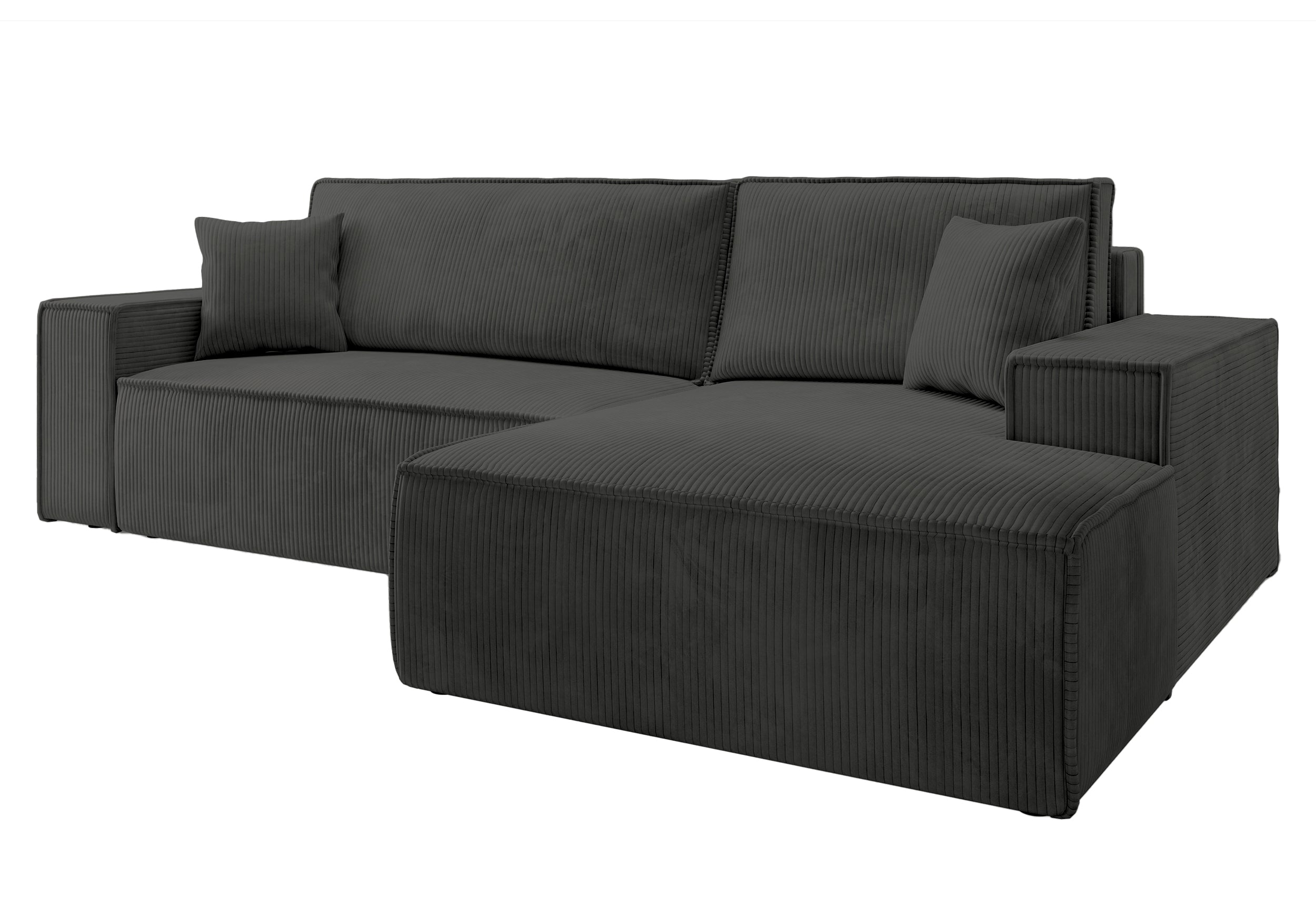 Ecksofa mit Schlafunktion Farese New L-förmig mit Stauraum, dunkelgrauer Cord, rechtsseitig