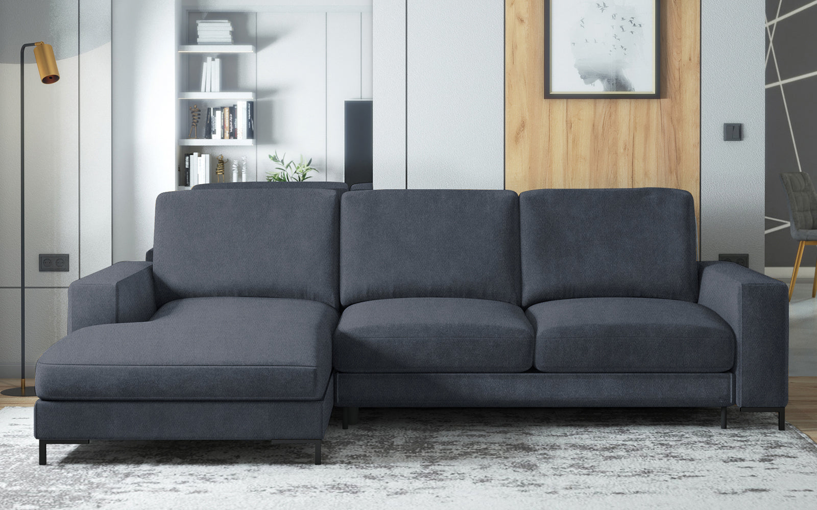 Ecksofa mit Schlaffunktion Mokpeo, L-förmig, mit zwei Stauraumfächern, schwarzen Füßen, marineblau, aus leicht zu reinigendem Stoff, linksseitig