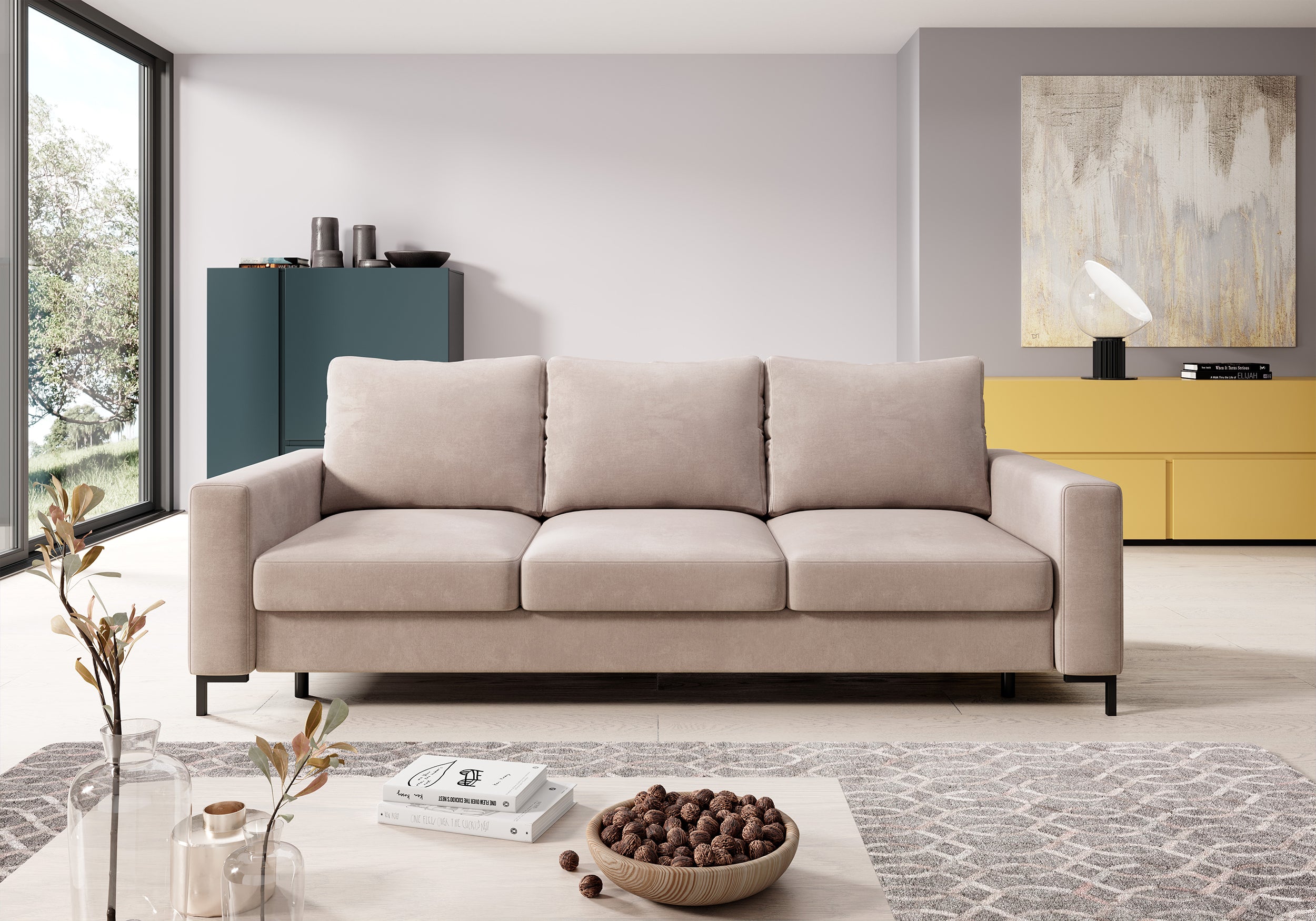 Dreisitziges Schlafsofa Mokpeo mit Stauraum, beige Samt