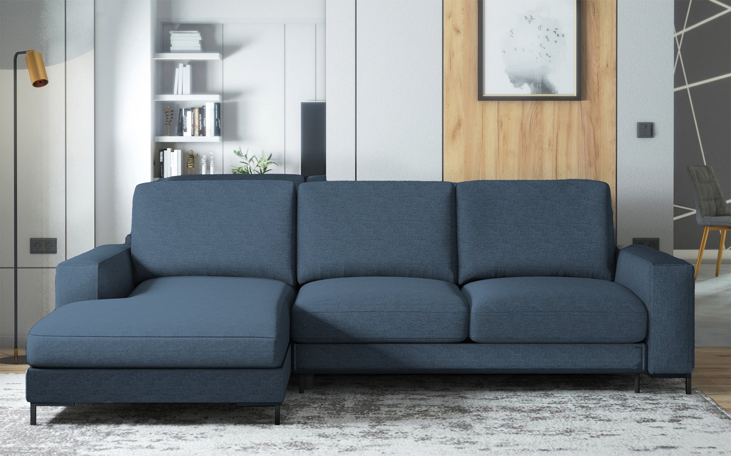 Ecksofa mit Schlaffunktion Mokpeo, L-förmig, mit zwei Stauraumfächern, schwarzen Füßen, marineblau, aus leicht zu reinigendem Stoff, linksseitig