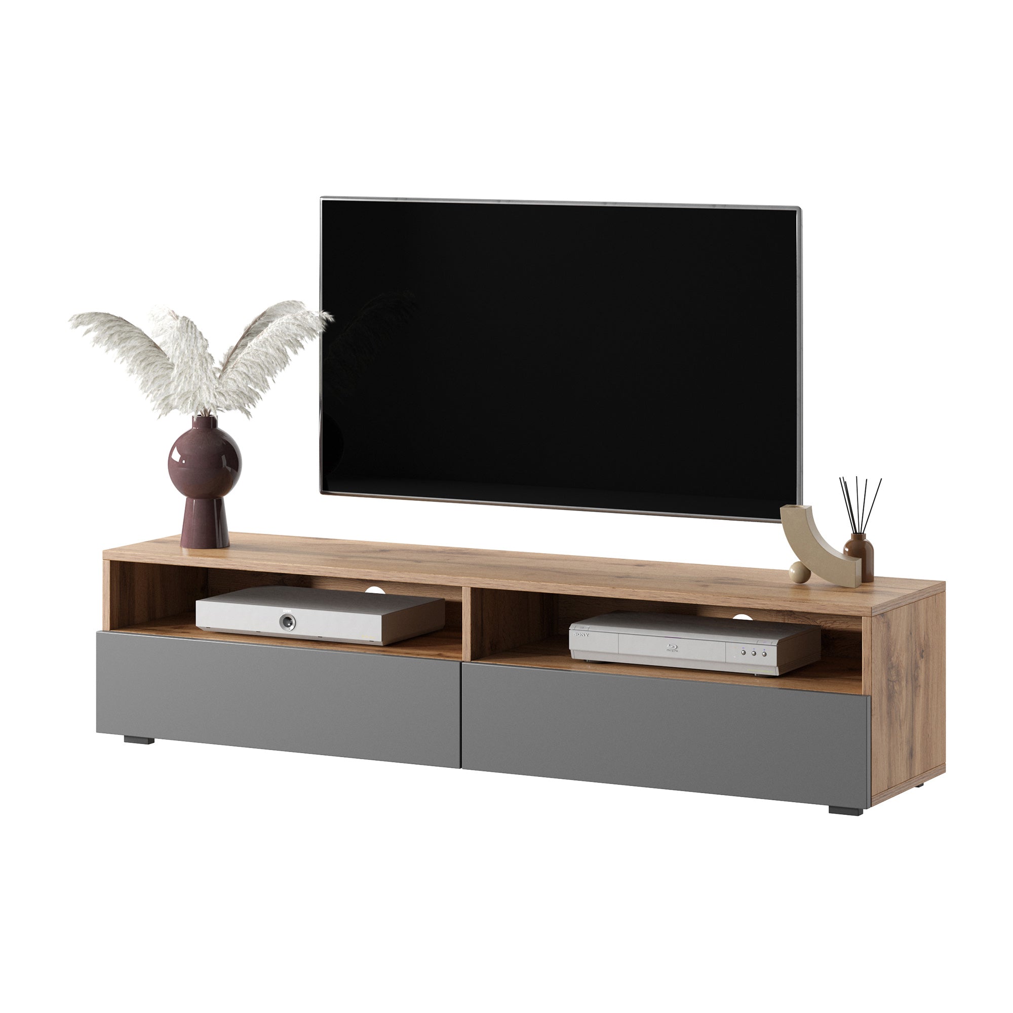 TV-Schrank mit zwei Schubladen Rednaw 140 cm Wotan-Eiche / Grauer Hochglanz mit Beleuchtung