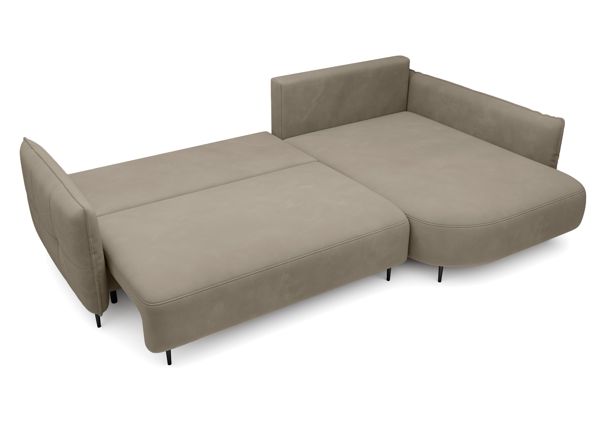 Ecksofa Oblivio mit Schlaffunktion, L-förmig, mit Stauraum, hellbraunes Samt, rechtsseitig, wasserabweisend