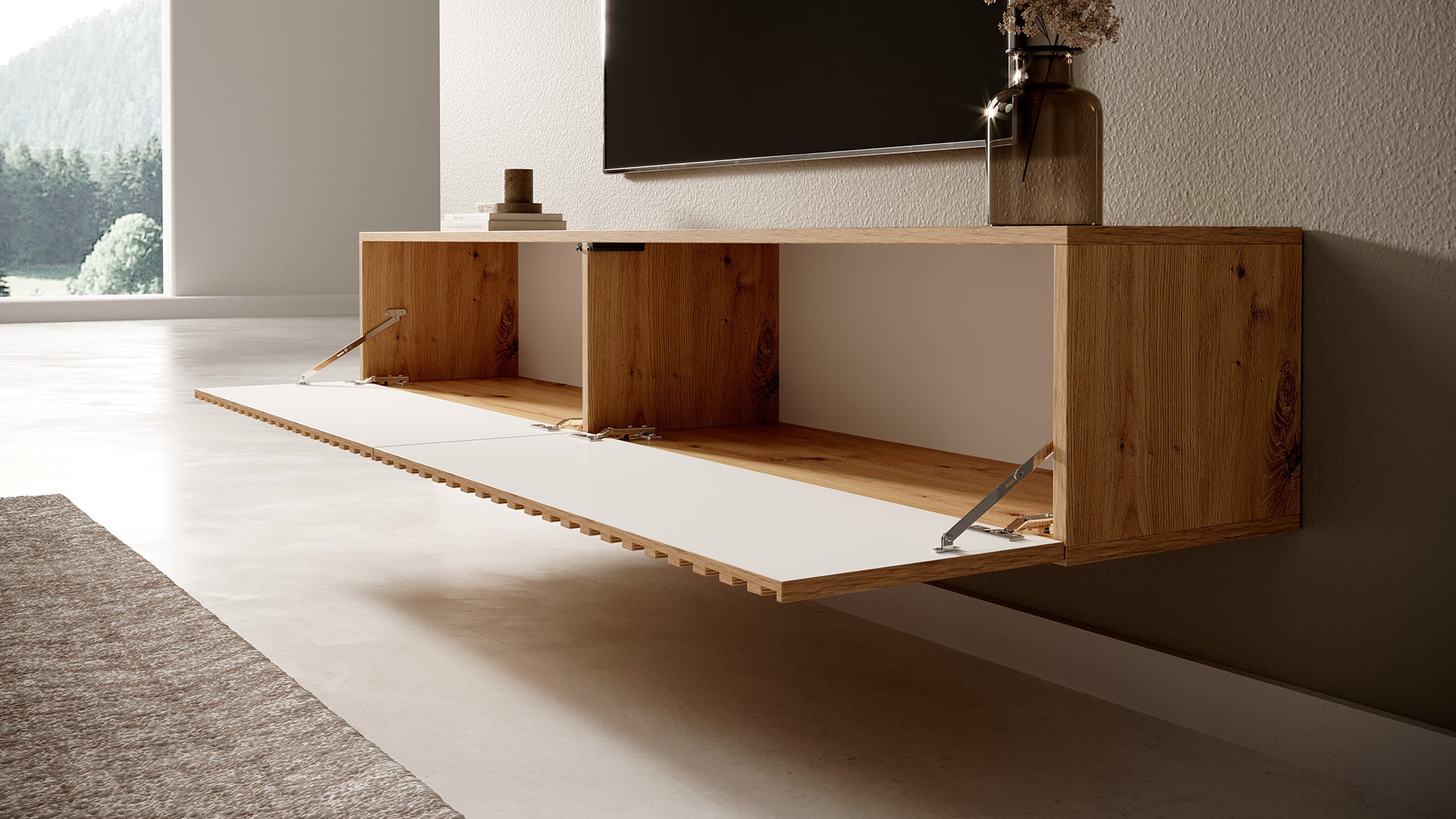 TV-Schrank Telire 175 cm Artisan-Eiche Lamellen mit schwarzen Einsätzen