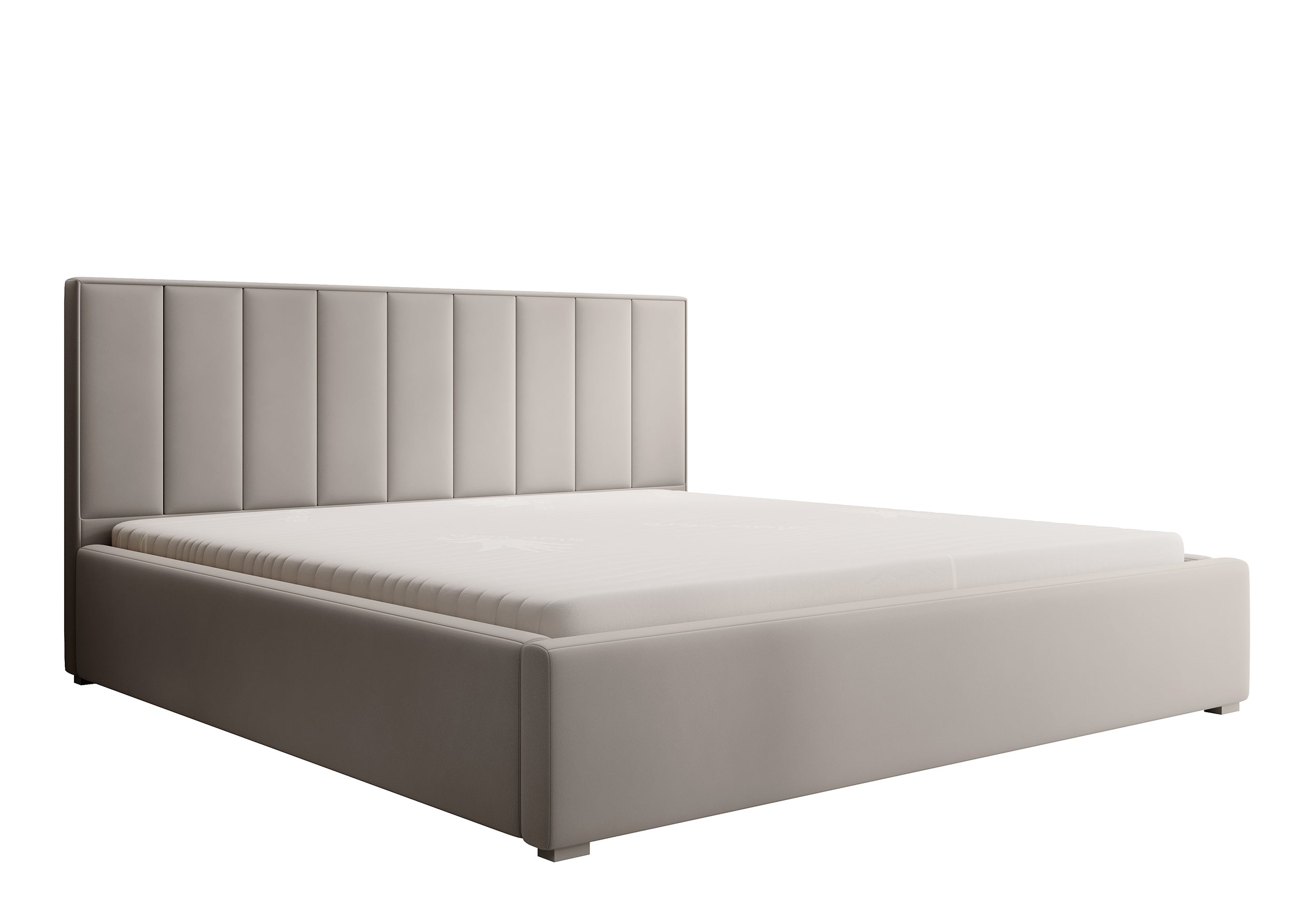 Gepolstertes Bett 200x200 cm Rinus mit Stauraum, grau-beige aus hydrophobem Stoff