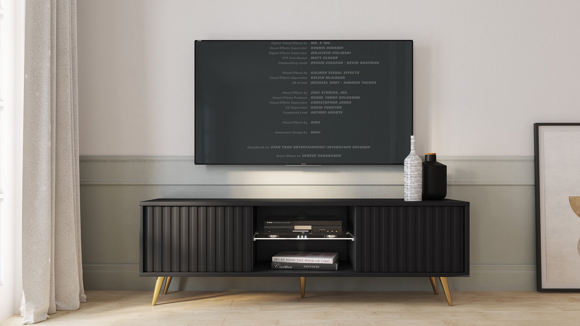 TV-Schrank Bello mit Lamellenfronten, 135 cm, schwarz mit goldenen Beinen