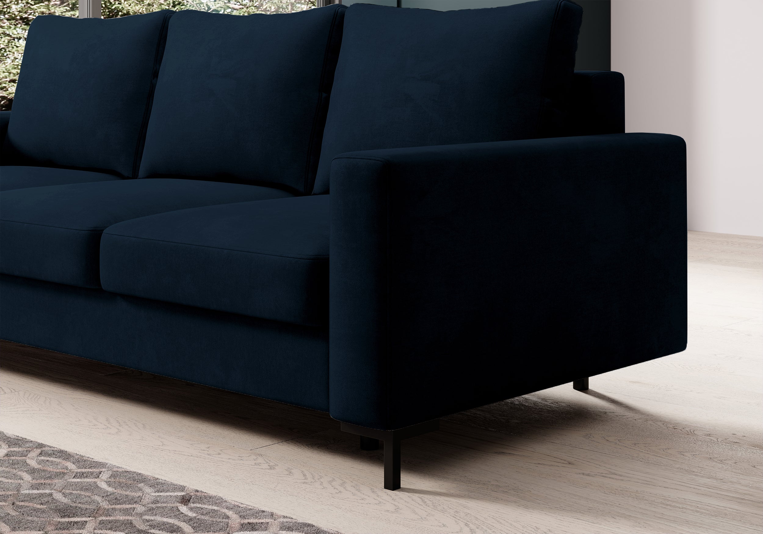 Dreisitziges Schlafsofa Mokpeo mit Stauraum, dunkelblauer Velours, pflegeleicht