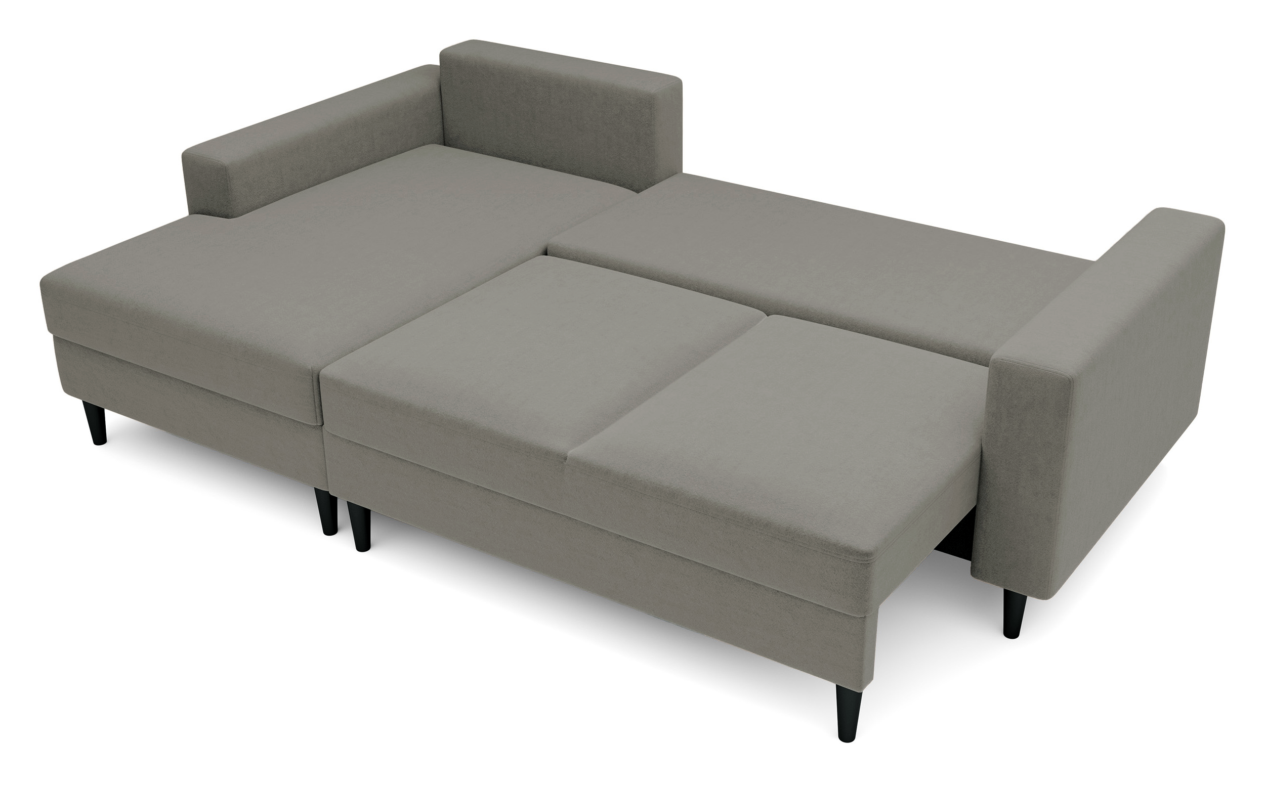 Ecksofa mit Schlaf-Funktion Nalika, L-förmig, mit Stauraum, dunkelbeige, hydrophober Samt, linksseitig